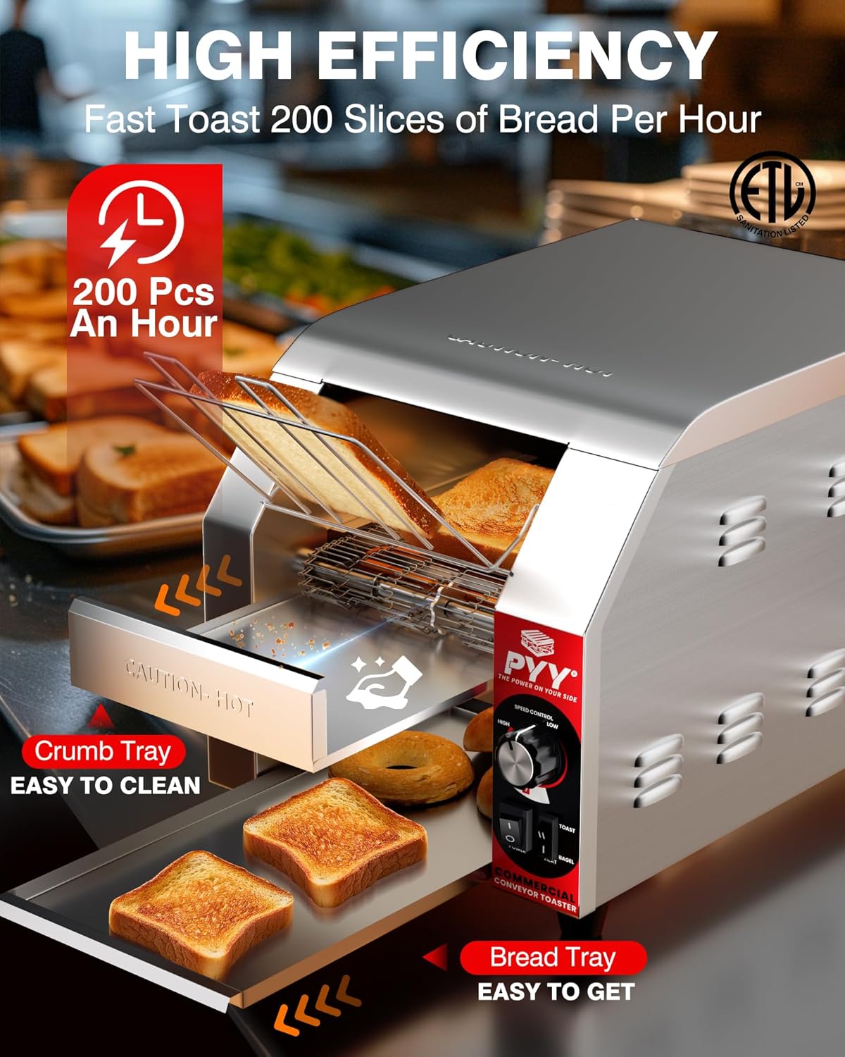 PYY Commercial Conveyor Toaster Electric – Heavy Duty, Stainless Steel Industrial for Bun, Bagel, Bread, Waffle, 200 Slices/Hour for Restaurant, Buffet & Catering, ETL Certification