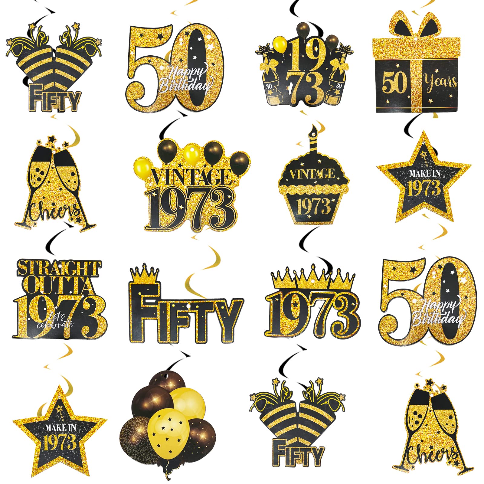 Photo 1 of 50th Birthday Party Hanging Decorations, 42PCS Black Gold Birthday Party Hanging Swirls Ceiling Decorations Shiny Foil Swirls for Birthday Decorations Supplies 1973 Birthday Decor for Women Men (50th)