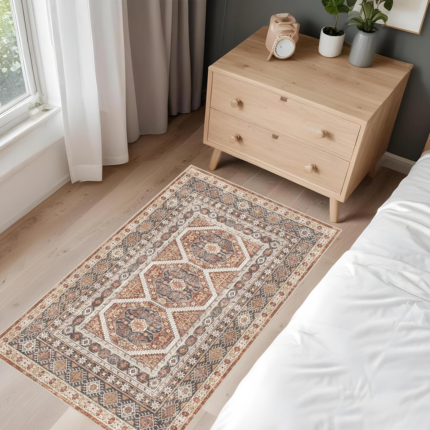 washable area rug non slip - 2x3 small kitchen boho rug vintage entryway low pile carpet for doormat brick (brick, 2x3) brick 2' x 3' (rectangular)