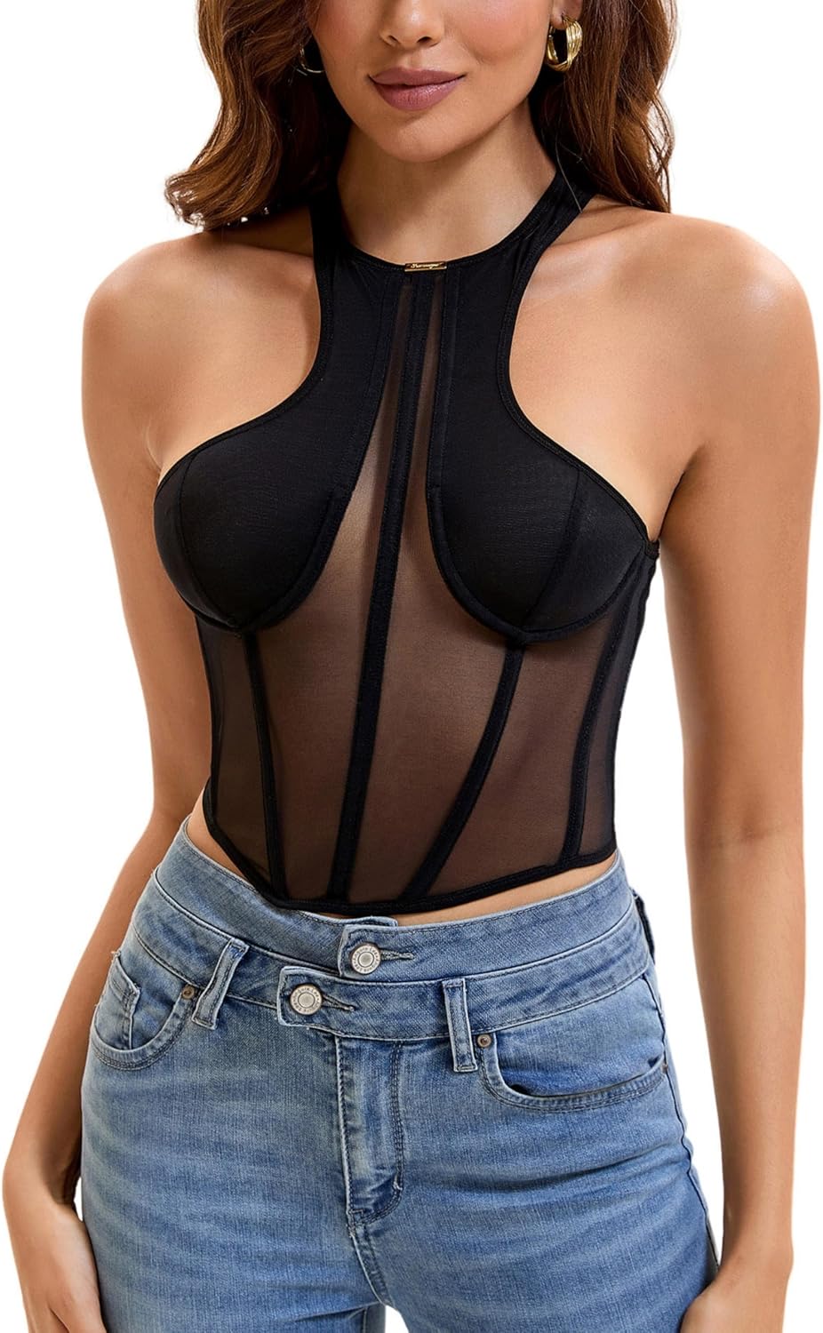 Women’s Grace Halterneck Mesh Corset Top – Underwire Support, Sleeveless, Back Zipper, Black (S-XL)