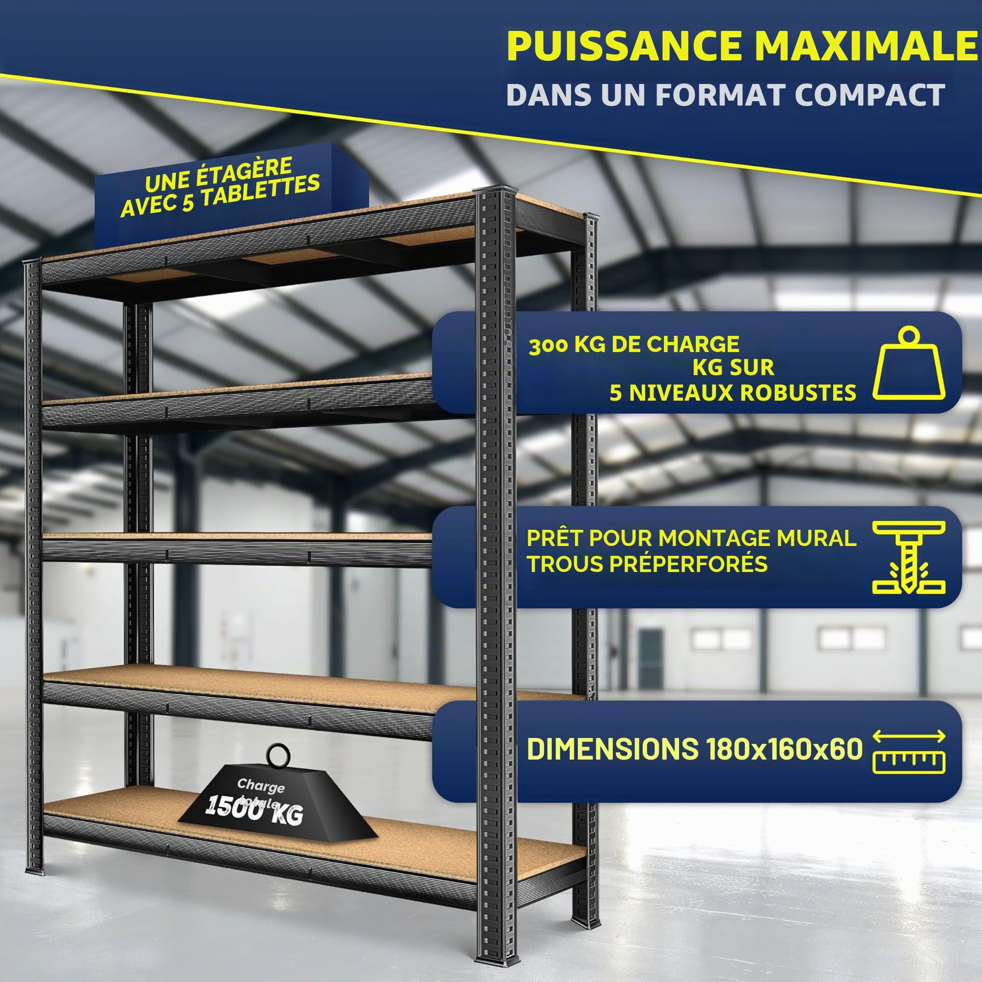 MASKO Étagère de rangement pour charges lourdes - 180 x 160 x 60 cm - Charge maximale : 1500 kg - 5 étagères réglables - Panneaux MDF en métal - Étagère enfichable - Étagère d'atelier - Structure en