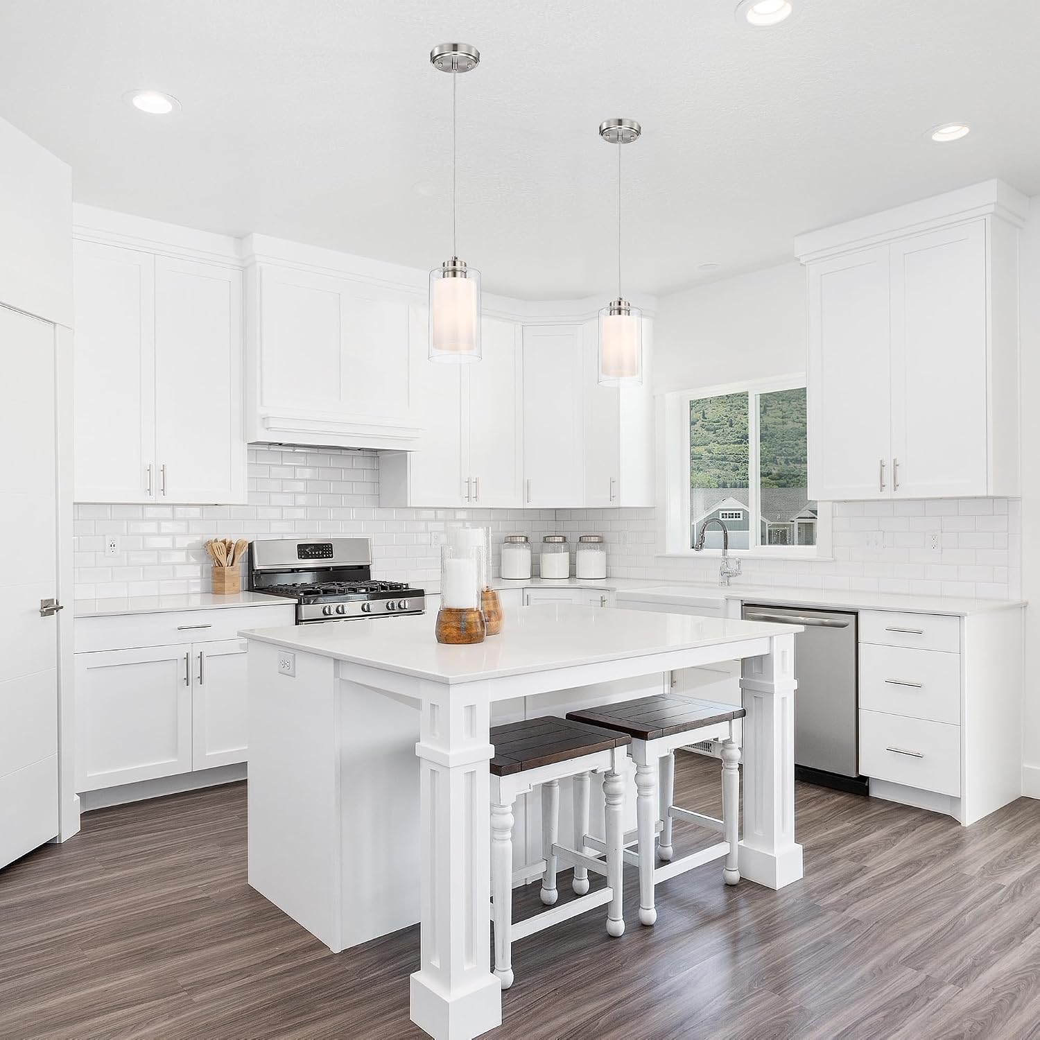 Edvivi 1-Light Kitchen Pendant Light with Dual Clear Glass and White Glass Shades, Adjustable Cord Hanging Ceiling Mini Lighting Fixture for Kitchen Island, Sink, Brushed Nickel Finish, 4.7 in.
