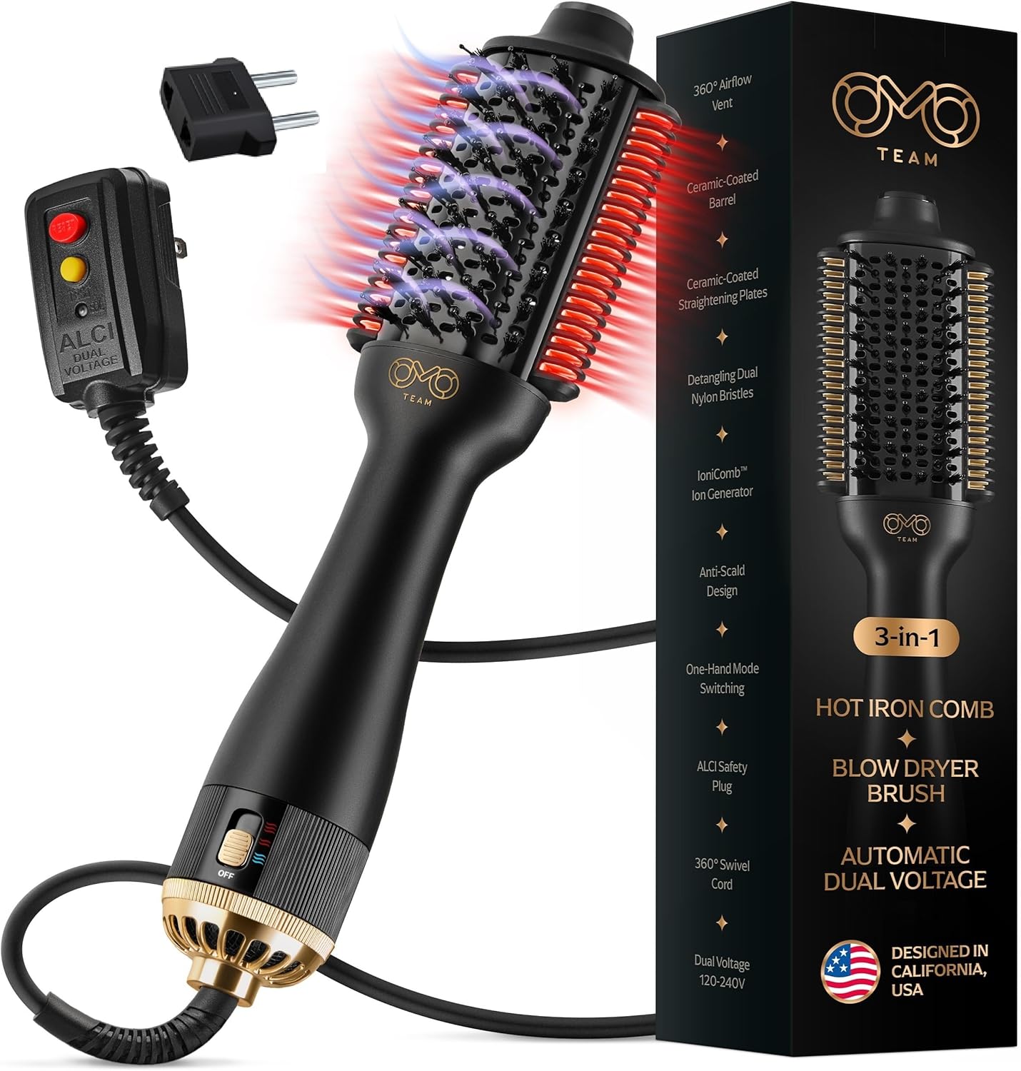 Automatic Dual Voltage Blowout Brush Hair Dryer, 4-in-1 Blow Drying Brush, Ionic Hair Straightener w/No Heat Damage, Light 1.3 lb Blowout Tool, Blow Dryer Curling Wand, Hot Air Styler for All Types