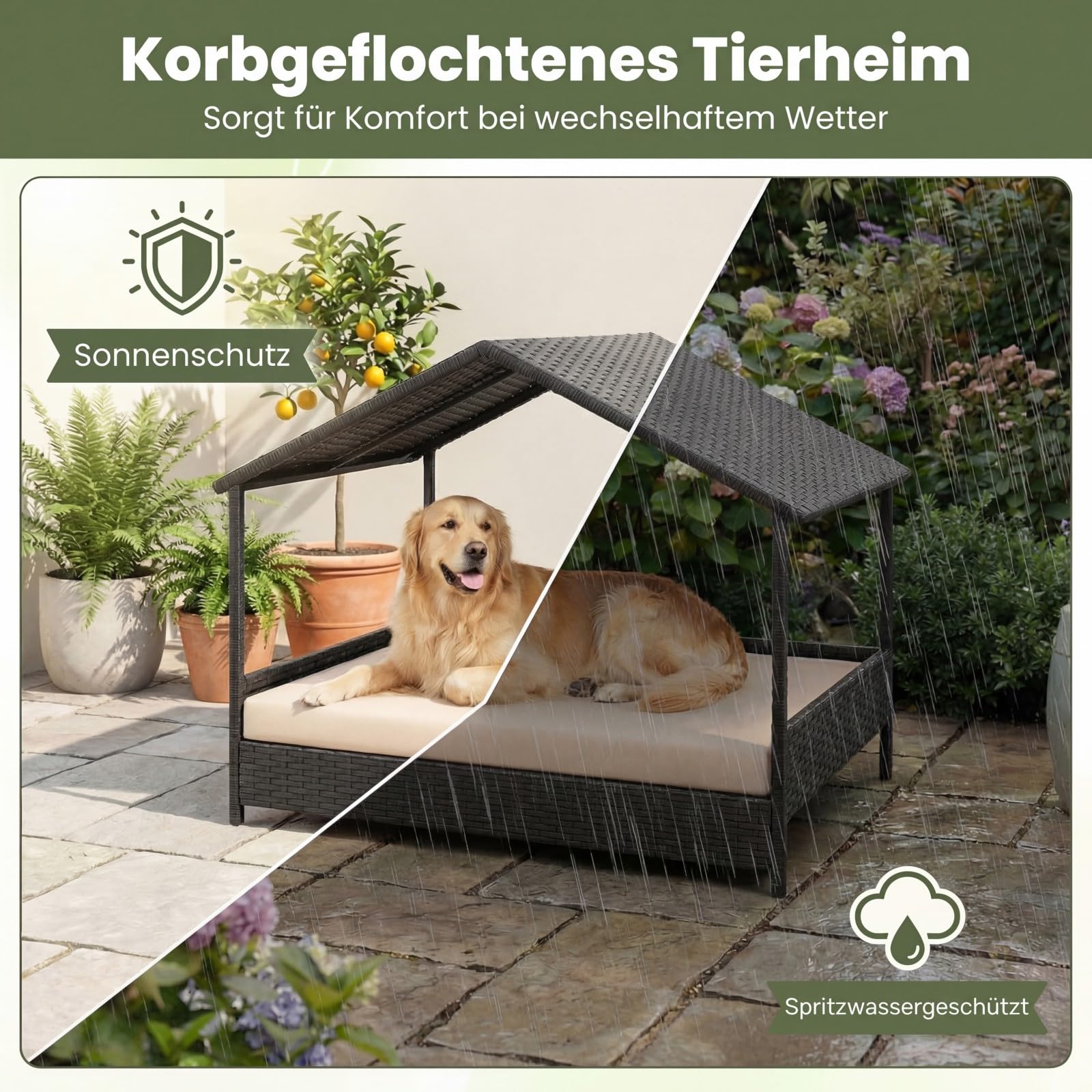GYMAX Hundebett Outdoor, erhöhtes Hundeliege aus Rattan mit Kissen & Schrägdach, Haustierbett wetterfest für kleine & mittelgroße Hunde, 98 x 68 x 74 cm (Beige)
