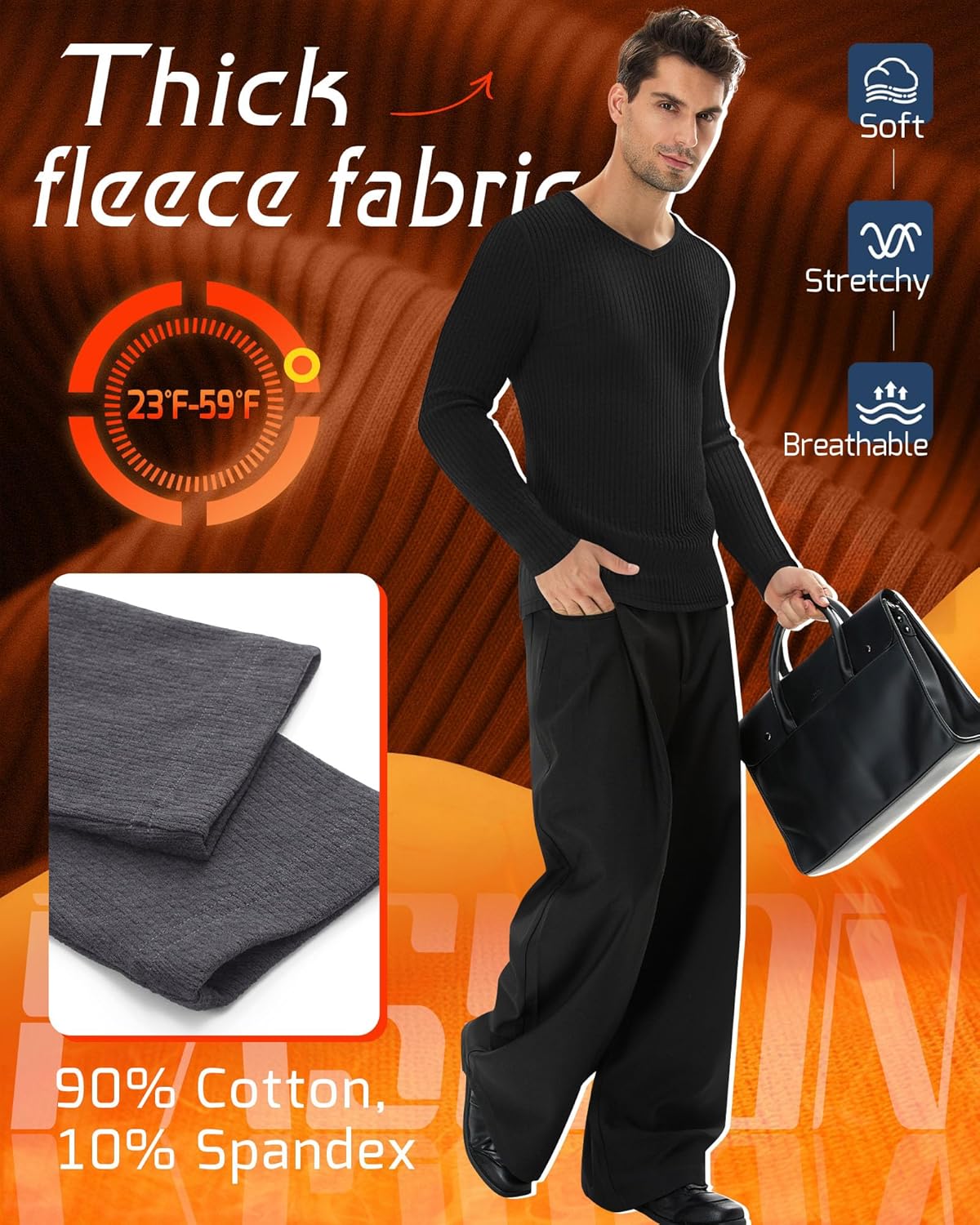 3 Pack Men's Big and Tall Thermal Shirts Cotton Fleece Lined Long Sleeve Ribbed V Neck Sweater Casual Layer - Image 5