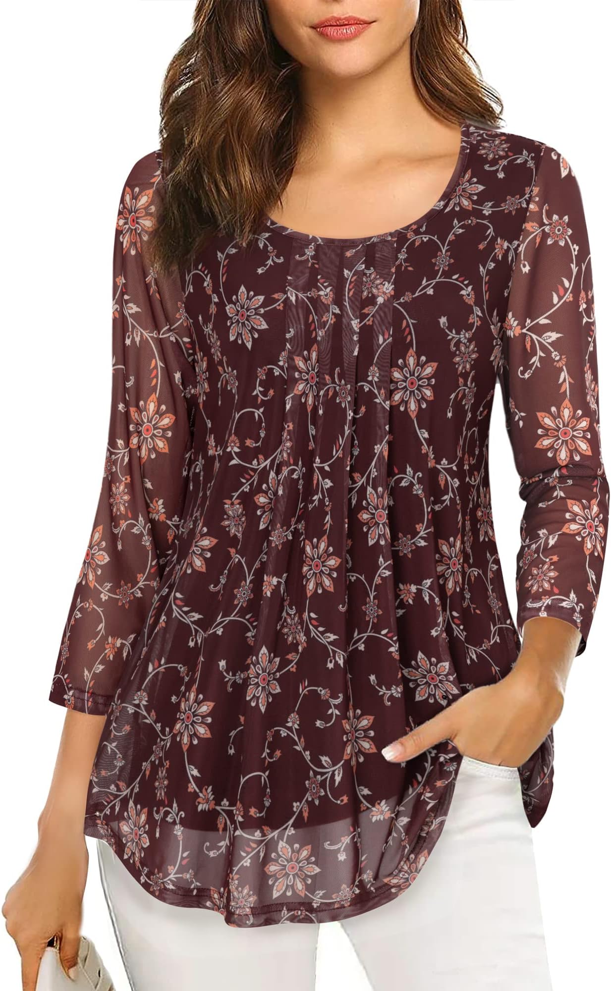 Women's 3/4 Sleeve Tunic Tops Casual Loose Fit Floral Blouses Mesh Pleated Layered Shirt