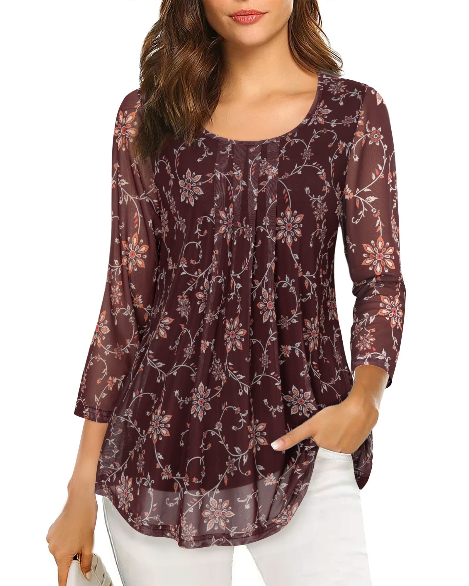 VALOLIAWomen's 3/4 Sleeve Tunic Tops Casual Loose Fit Floral Blouses Mesh Pleated Layered Shirt