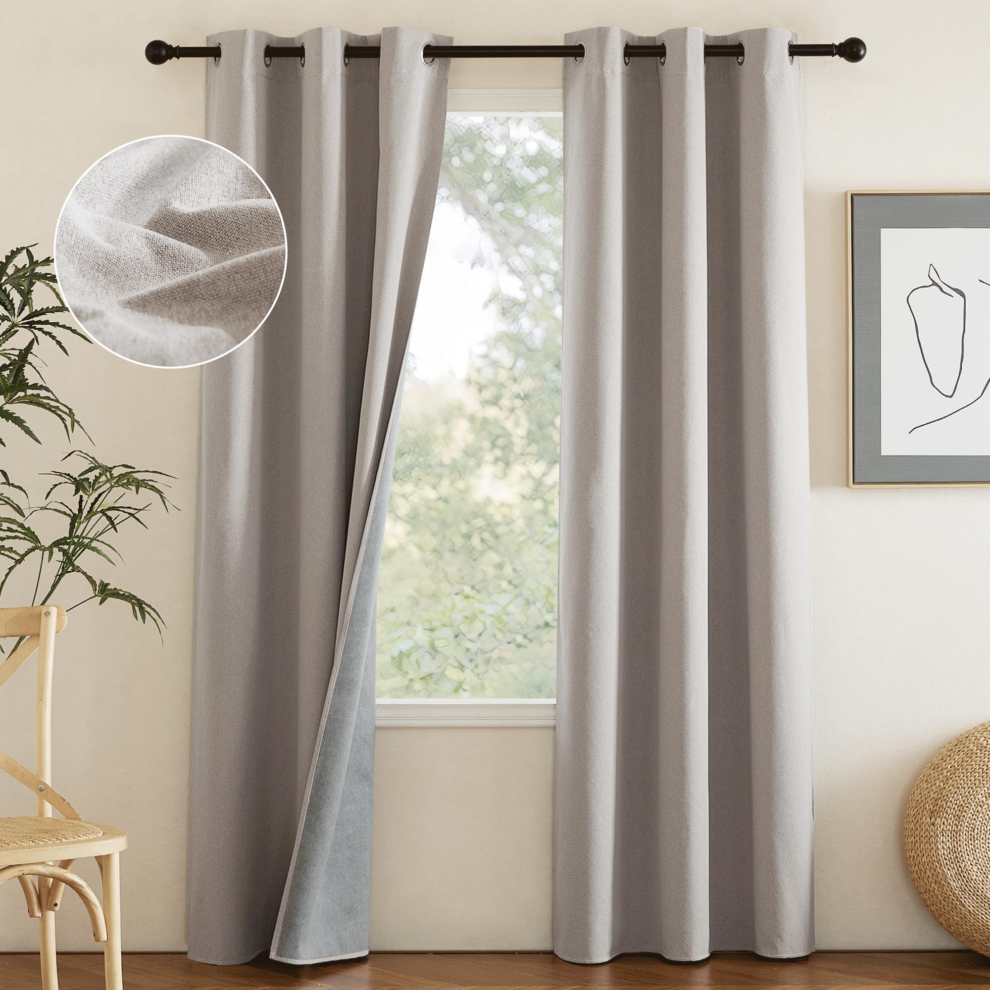 NICETOWN Natural Full Blackout Boho-Chic Faux Linen Curtains 84" Long 2 Panels Set for Cafe Window, 42" Wide, Thick Faux Linen Blend Drapes, Insulated Window Covers Draperies with White Backing