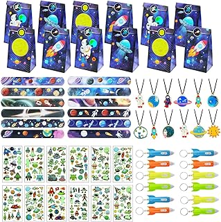 Pochette Cadeau Anniversaire, 60 Pinata Kit Anniversaire, Cadeaux pour Fête Spatiale pour Anniversaire D'enfant, Petits Jouets Fillers, Paquets Cadeaux de Fête, Glowing rocket, necklaces