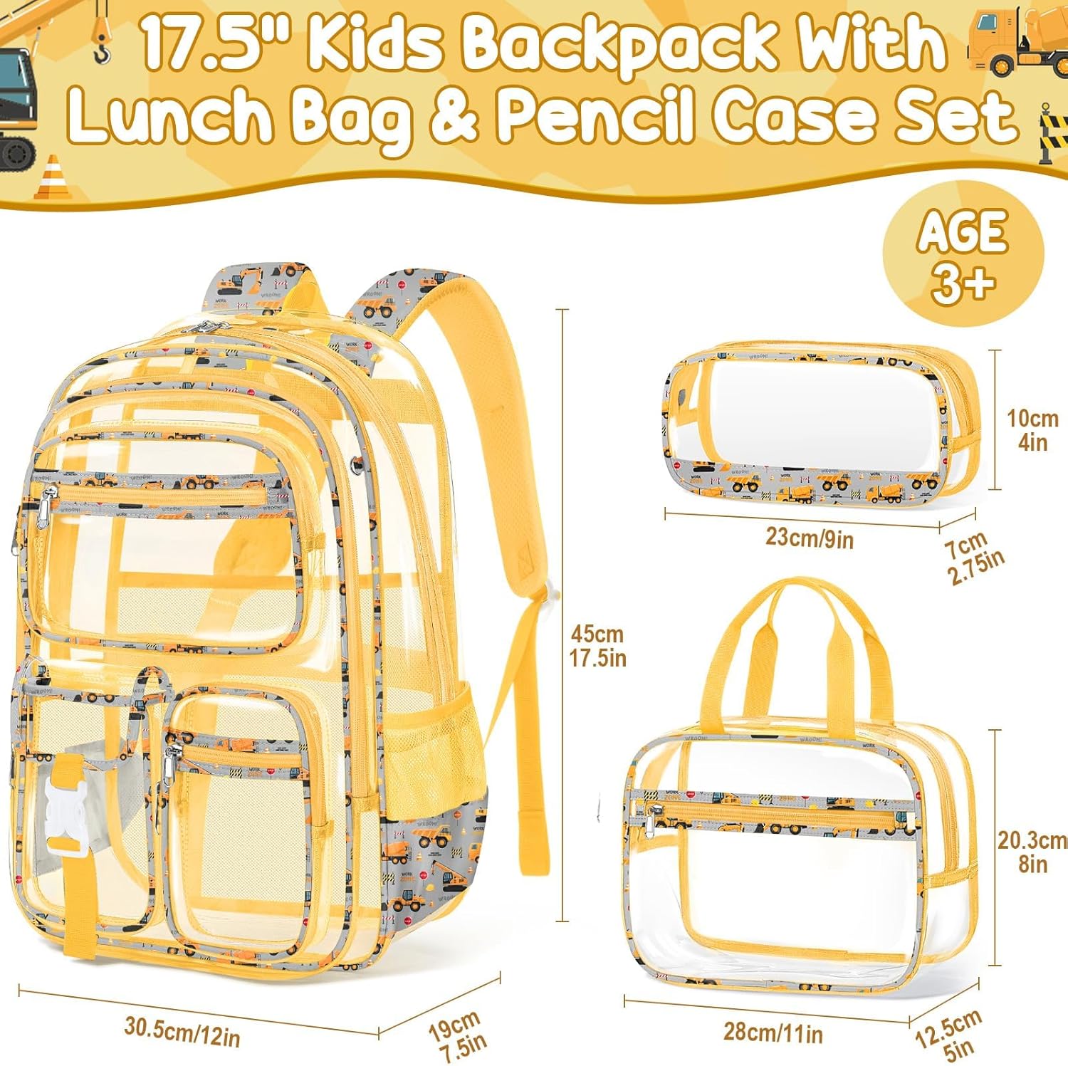 Fimibuke Clear Backpack for Boys, 3PCS Heavy Duty PVC Transparent Boys Backpack with Lunch Box & Pencil Case, School Stadium Event Approved Toddler School Bookbag for Preschool Kindergarten Elementary