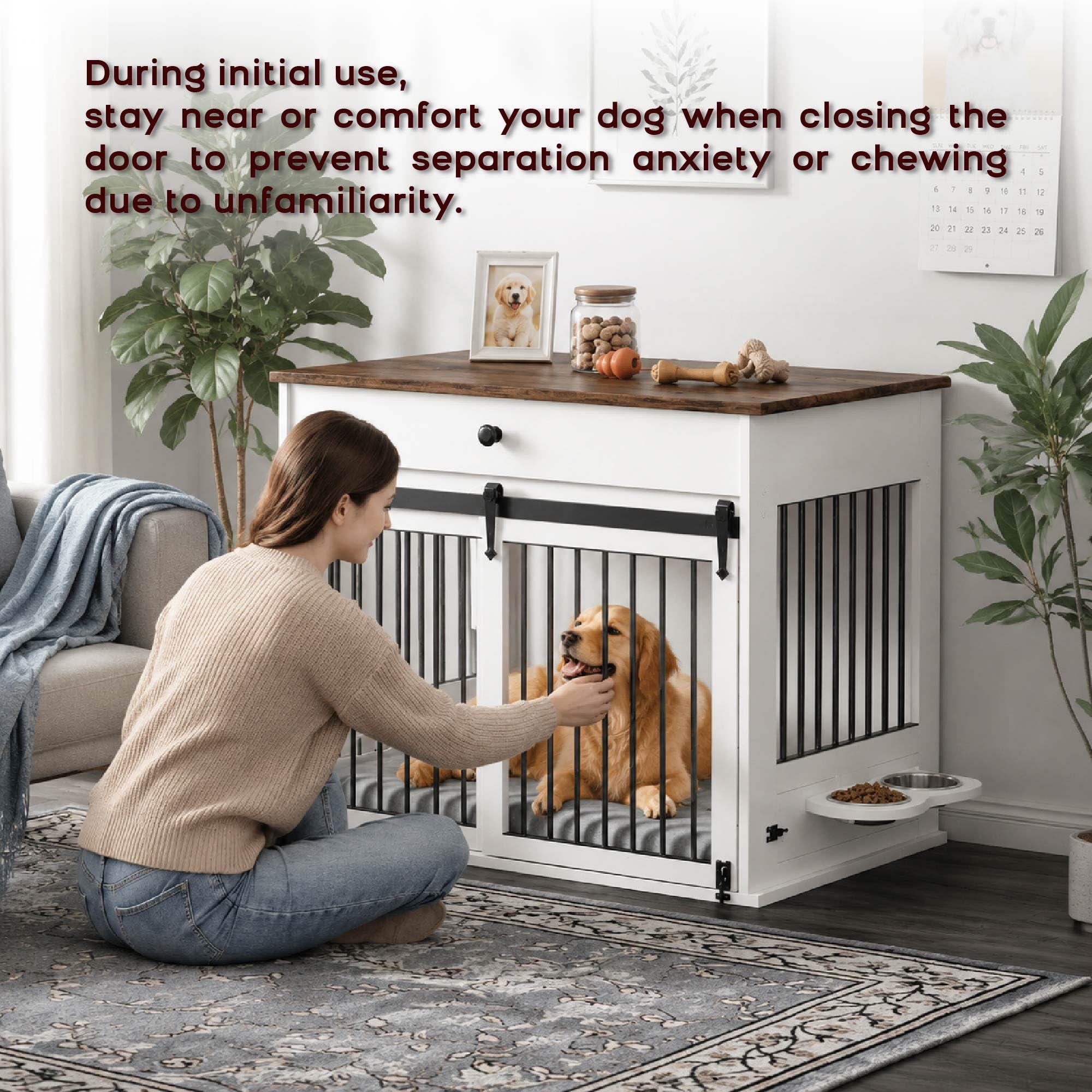 Cassa per Cani, Cassa per Mobili con Porte Scorrevoli, Tavolino in Legno per Cani con Cassetto, Casa per Cane con Serratura e Ciotola per Girevole a 360° Bianco
