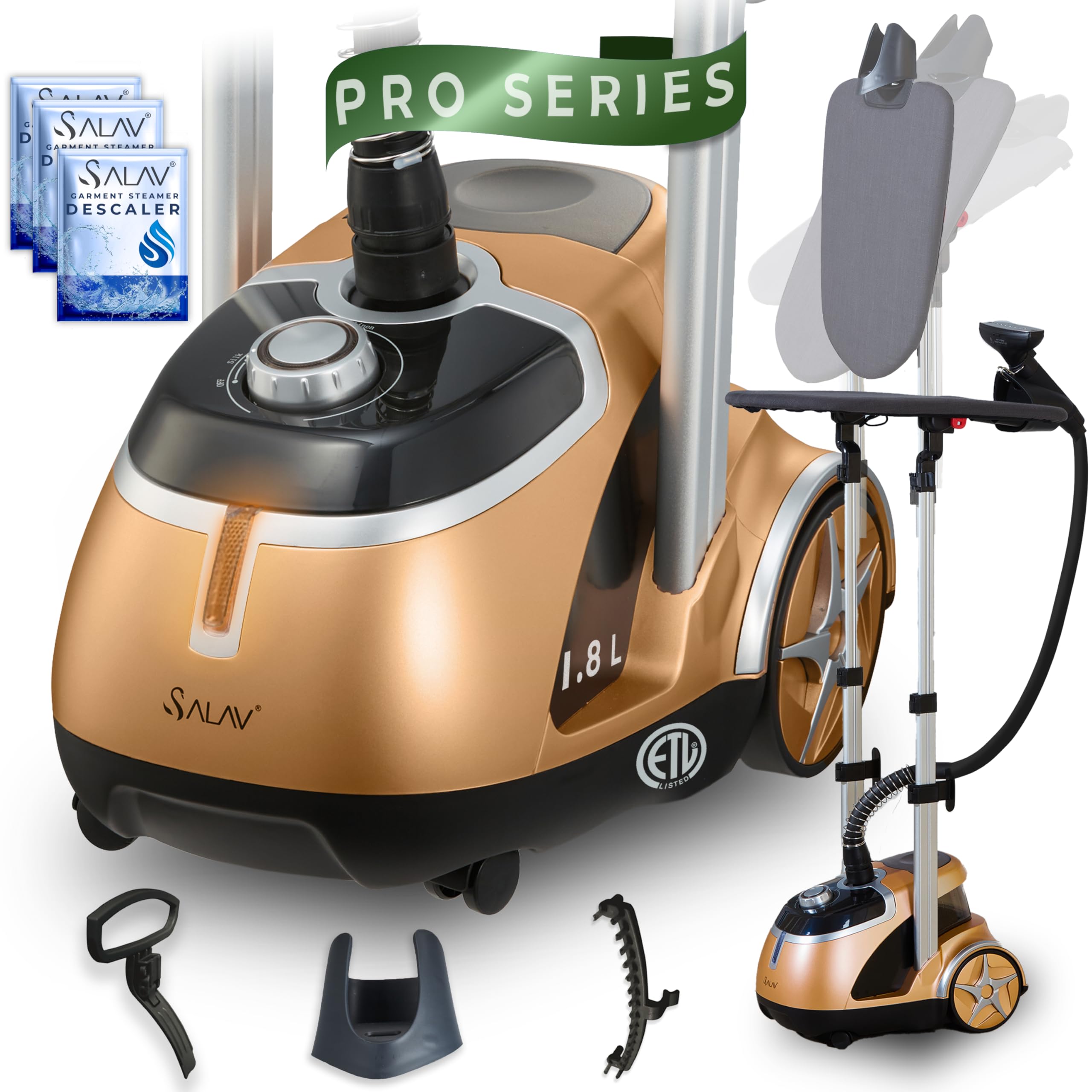 SALAV® Limited Edition Pro Series Standing Garment Steamer & Ironing Board – 1500W, 4 Steam Levels, Stainless Steel Plate, 1.8L Tank, Chrome Finish & Wheels
