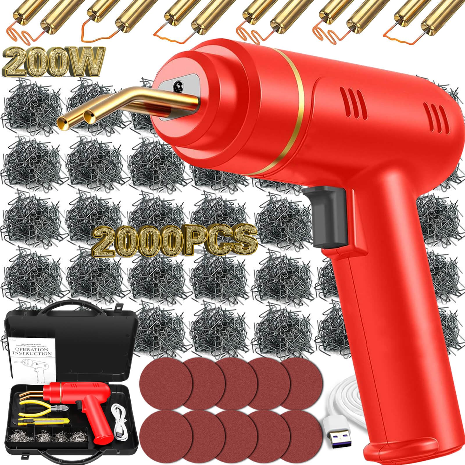 200W Cordless Plastic Welder, 2000PCS Staples 5000mAh USB Rechargeable Plastic welding Kit, 10PCS Sandpaper Plier Custom Carry Case, Hot Stapler Plastic Repair Kit Car Bumper (Red)