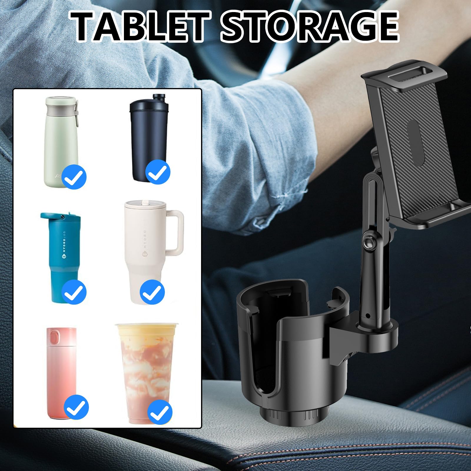2 in 1 Supporto Tablet Portabicchieri per Auto, Porta Telefono Auto con Braccio Lungo Regolabile, Supporto per Telefono Girevole a 360° Compatibile con Tablet e Smartphone da 6 a 13 Pollici