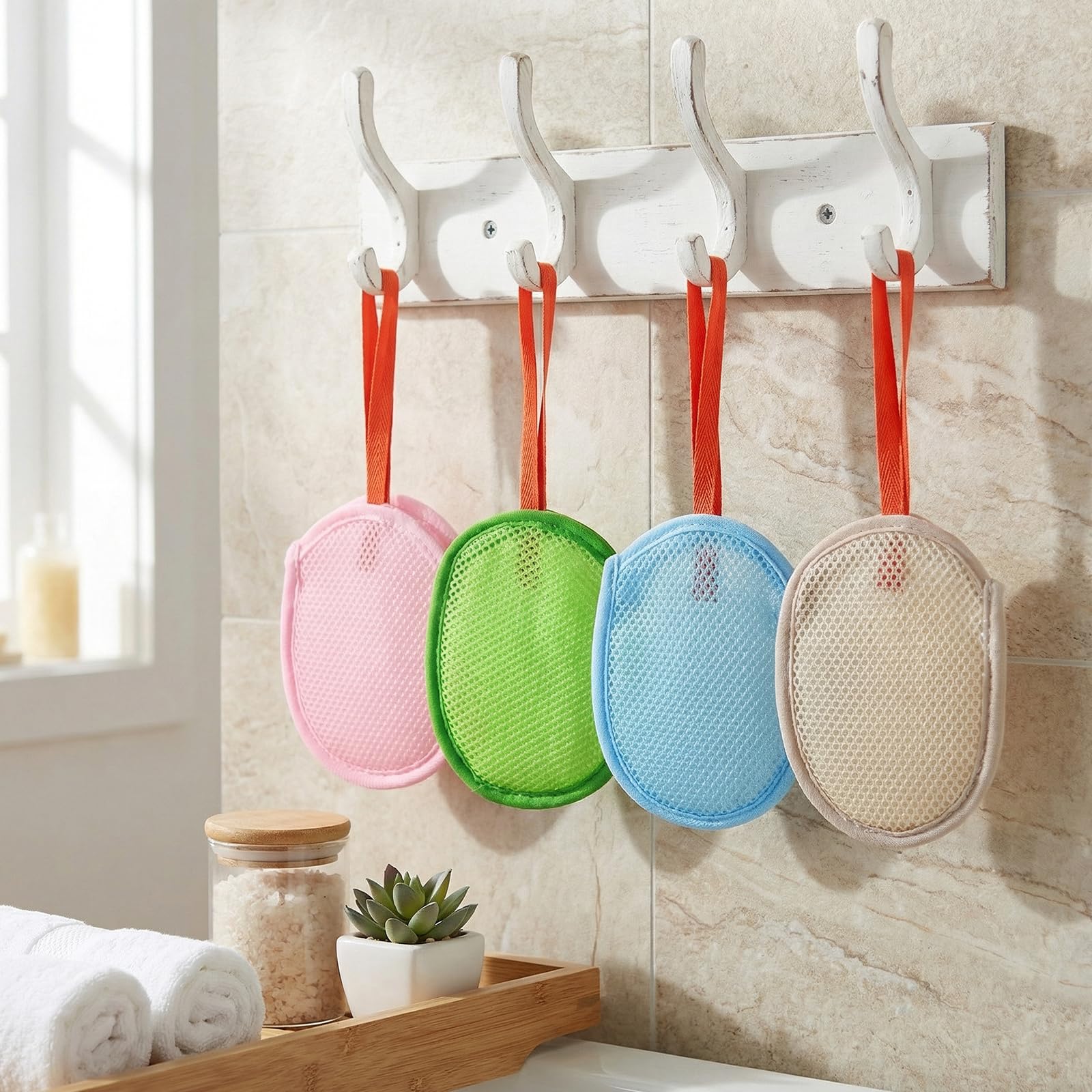 Bolsas de jabón de red para limpieza corporal, exfoliantes suaves, esponjas de baño con asa (azul, rosa, verde, caqui)