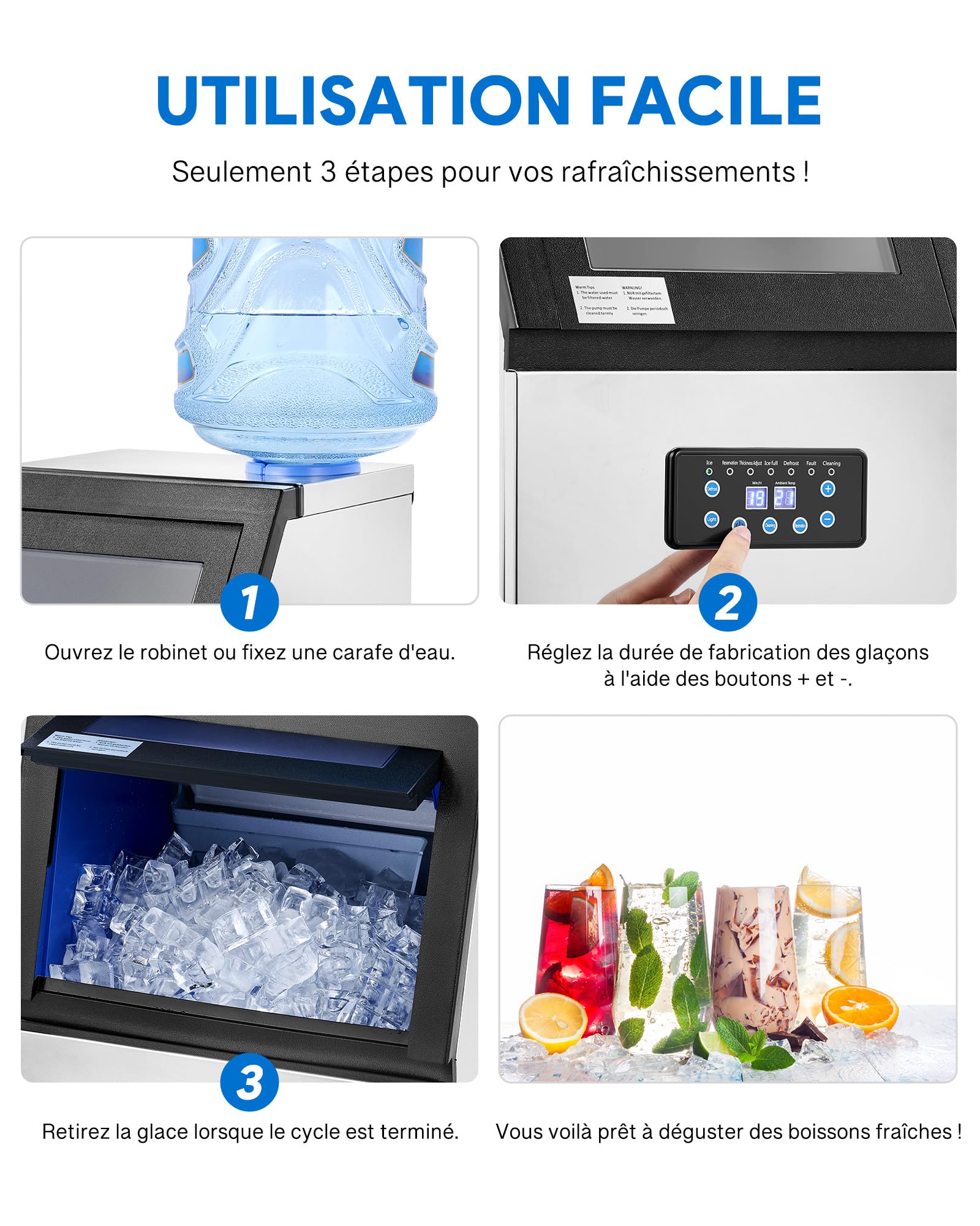 CREWORKS Machine à Glaçons Commerciale 480W 73kg/24h Ice Maker Professionnel 45 Pièces Écran LCD Storage de 10kg pour Maison Bureau Restaurant Bar Café