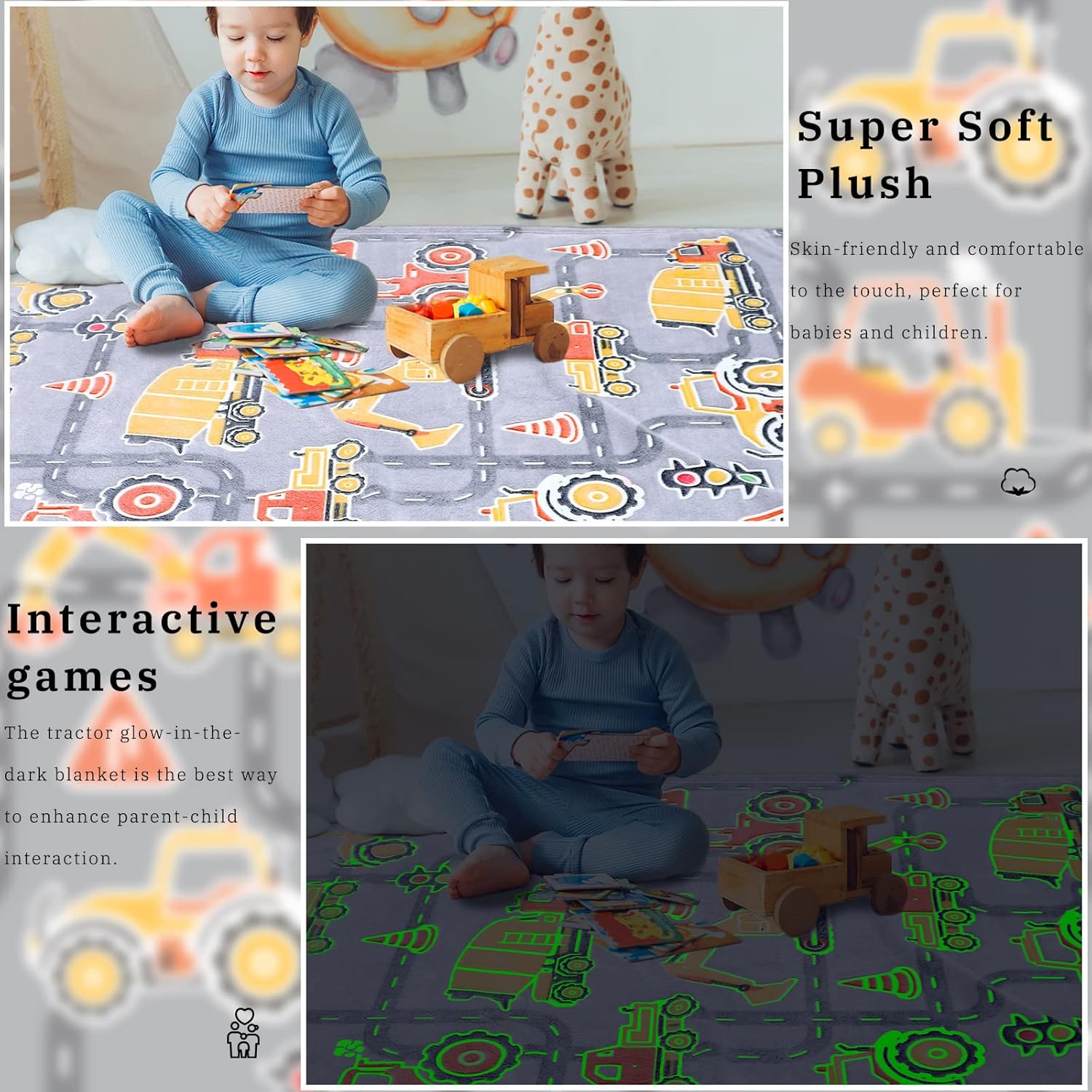 Glow in The Dark Blanket Boys Gifts for Kids Fuzzy Cozy Warm Soft Fleece Glowing Tractor Blankets for Bed Sofa Couch Unique Gifts Construction Truck Throw Blanket for Boys Teens 50"×60" - Image 3