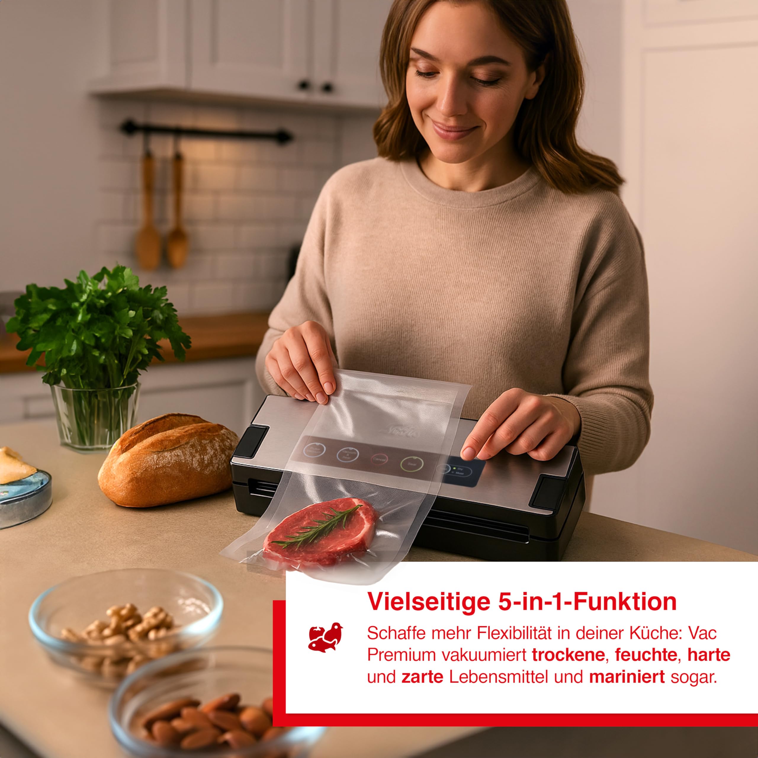 Solis Vakuumiergerät Vac Premium 574 - Einschweißgerät für Lebensmittel - Vakuumierer/Folienschweißgerät mit Pulse-Funktion | 8x länger frisch, Vollautomatisch, Pulse & Marinier-Funktion, Folienschneider, Inkl. Beutel & Rollen