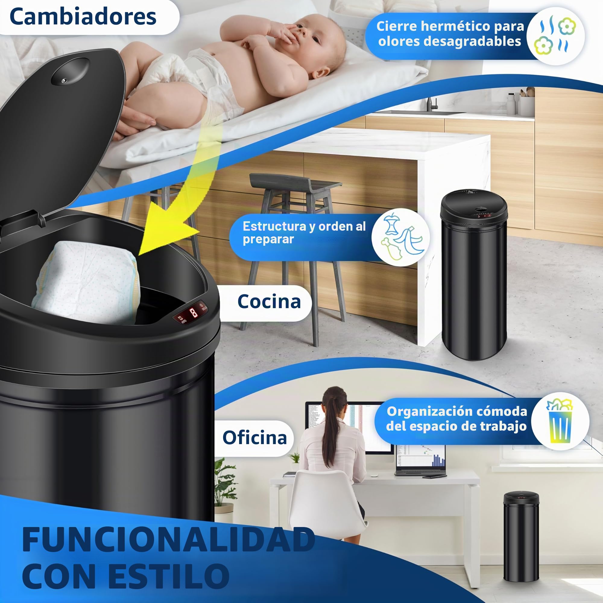 KESSER® Cubo de basura con sensor ✓ Automático ✓ Papelera de basura ✓ Basura | ACERO INOXIDABLE | Color: NEGRO | Tamaño: 30 L