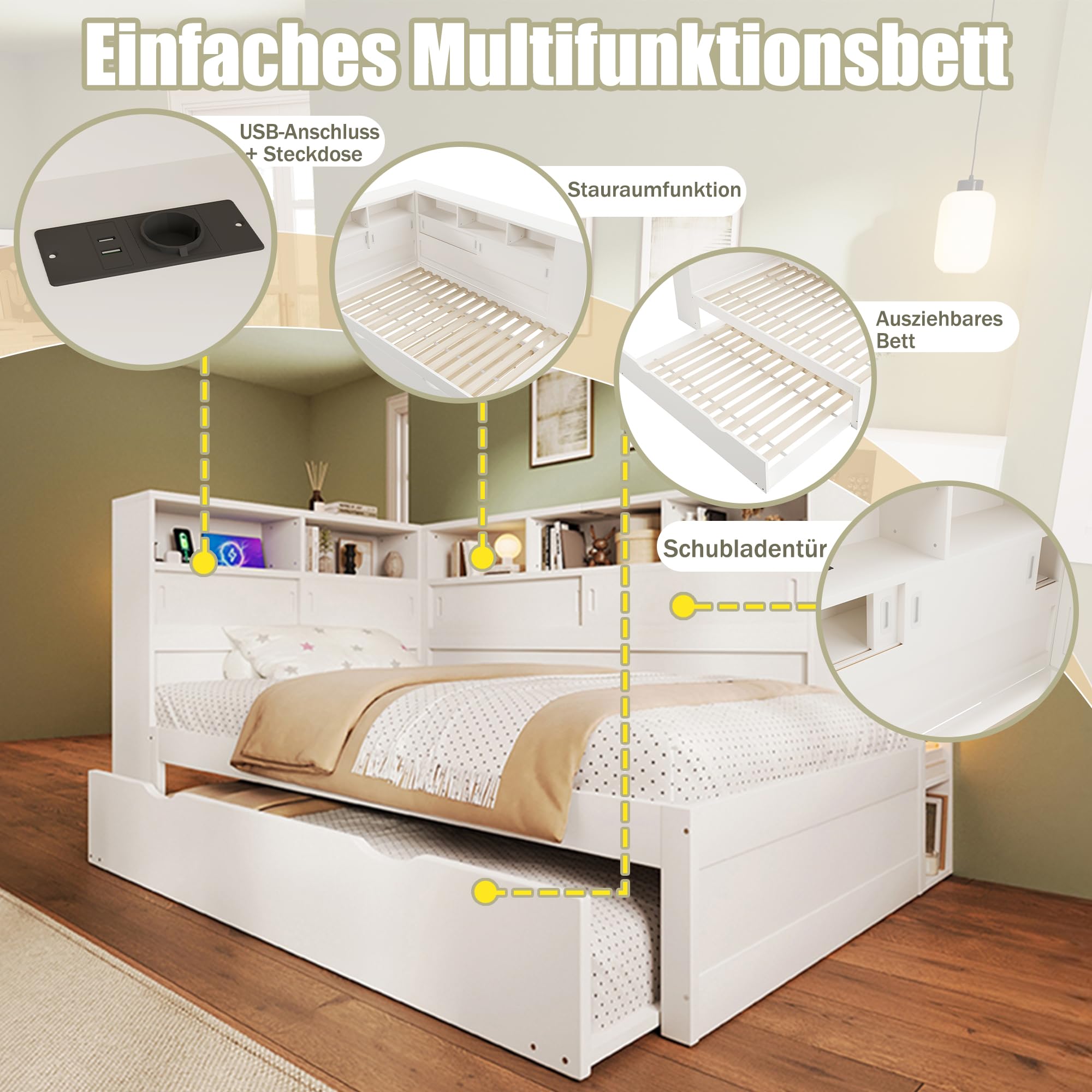 Funktionsbett | Stauraumbett | Kinderbett mit Ausziehbett, USB und Bücherregal, Kiefernholz Plattformbett mit Regal, für Erwachsene, Kinder, Jungendliche, Weiß, 90x200 (90x190)