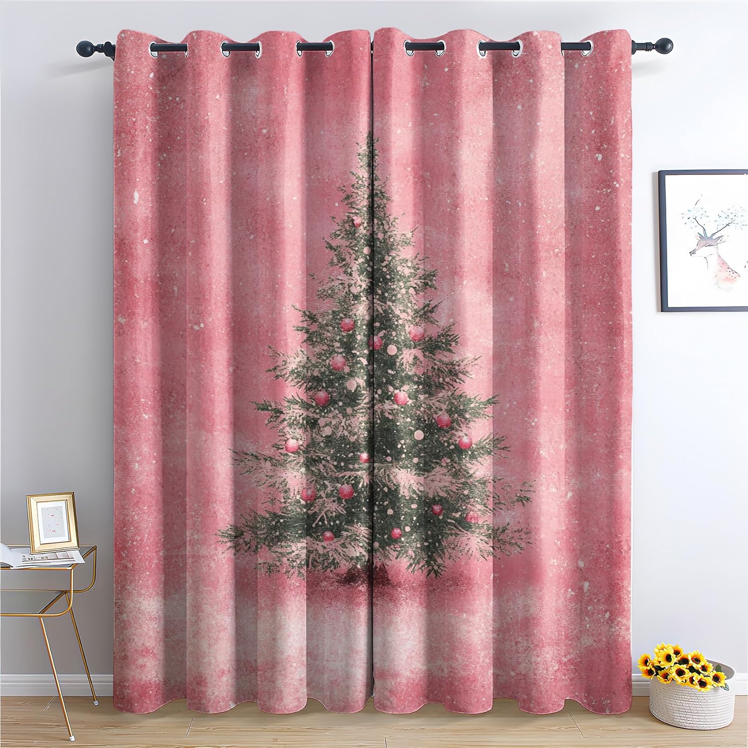 Christmas Tree Blackout Curtains 39 Inch Length, Snowflakes Curtains for Bedroom Living Room Decor, Pink Xmas Black Out Grommet Window Drapes 27.5 x 39, 2 Panels Set