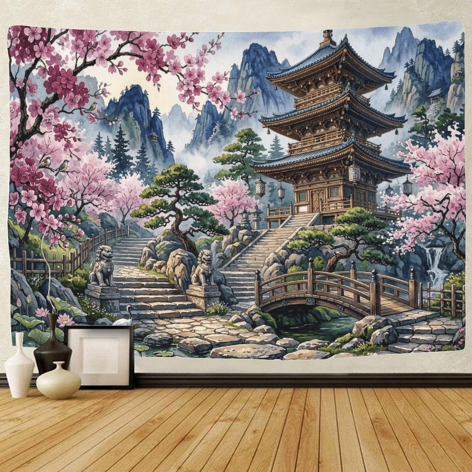 GPMNBCXZK Japanese Pagoda 3D Printed Wall Hanging Cherry Blossom Art Tapestry for Dorm Living Room Bedroom 180cmx230cm