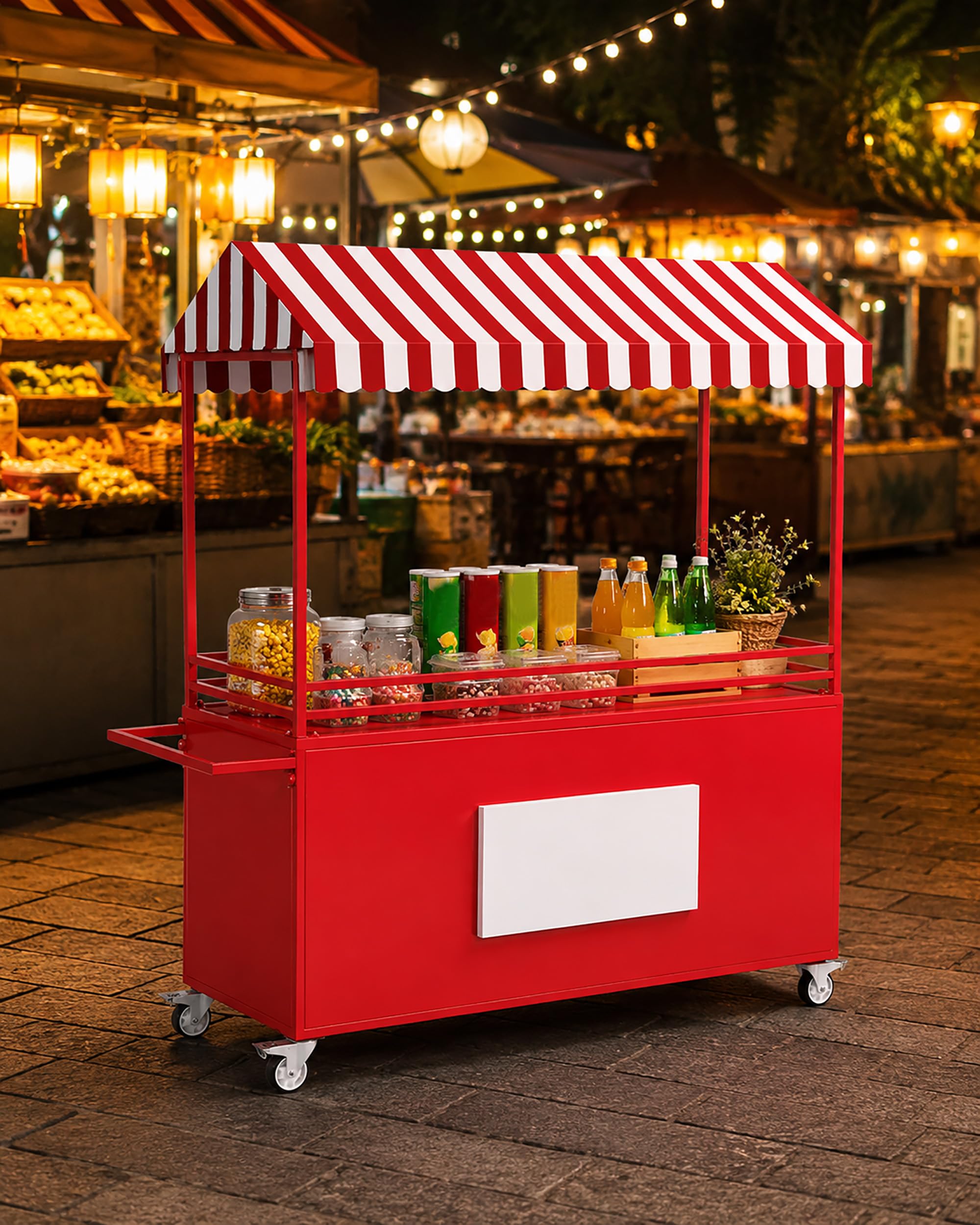 Przenośny wózek sprzedawcy z daszkiem, wózek na lody i słodycze z kółkami z blokadą, mobilne wózki gastronomiczne na sprzedaż, na targi, ulice, festiwale i wydarzenia, stojak wystawowy
