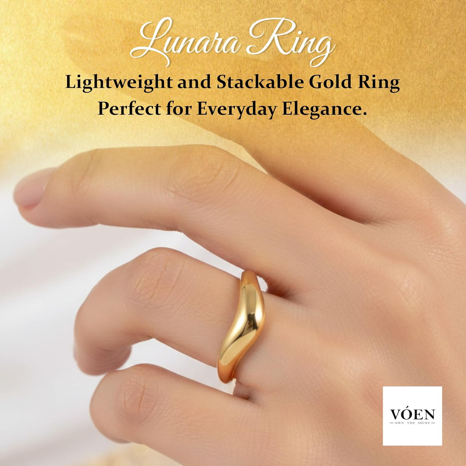 VÓEN Lunara 14K Gold Rings for Women Non Tarnish - High Polish Wave Contour Design - Stackable Rings for Women - Lightweight Women’s Jewelry, Size 6 - Image 2