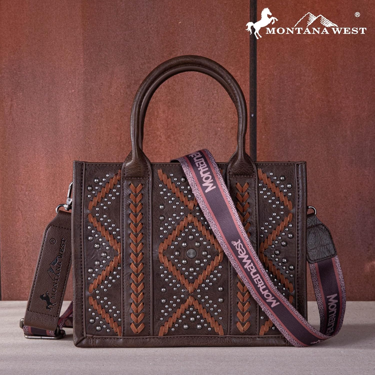 Montana West Whipstitch Tote Bag for Women Western Satchel Handbags Vintage Silver Studs Crossbody Purses with Guitar Strap MWF1023-8120SCF, B-coffee