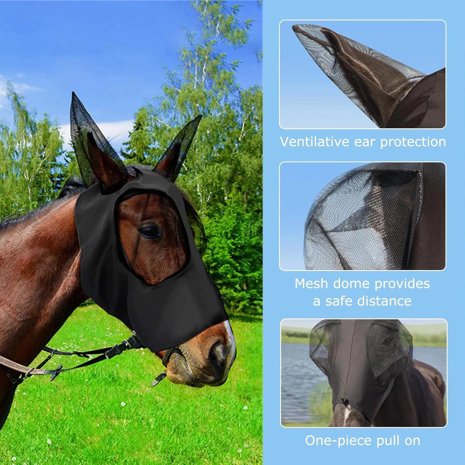 1 Máscaras Protectoras para Caballos con Cobertura Orejas, Tela Lycra Elástica, Repele Moscas e Insectos, Protección Solar Equina, Malla Transpirable y Suave