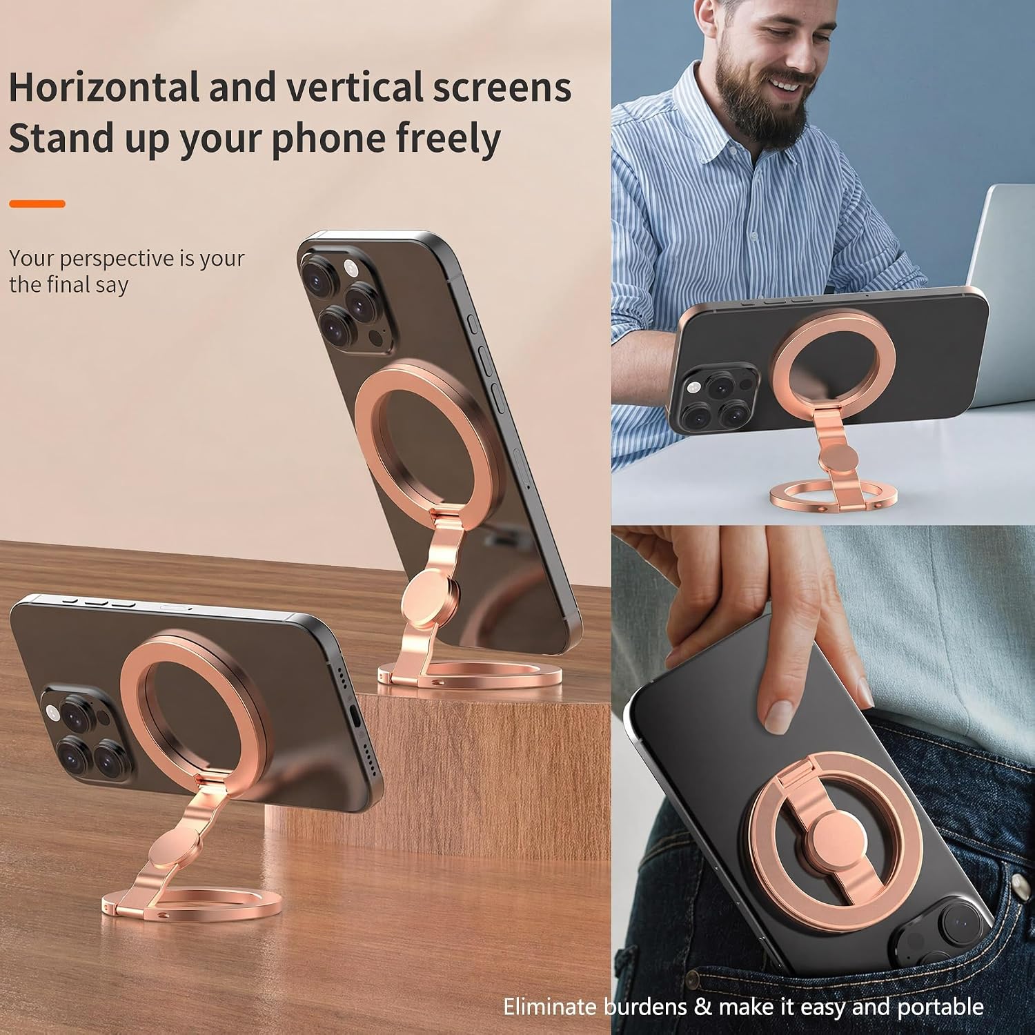 Magnetic Phone Stand Fidget Spinner Magnet EDC Phone Grip Compatibel for iPhone 12-17 Dual Magnetic Rings Double Sided Folding Phone Holder for Gym,Kitchen,Car,Desk Strong Adhesion (Rose Gold)