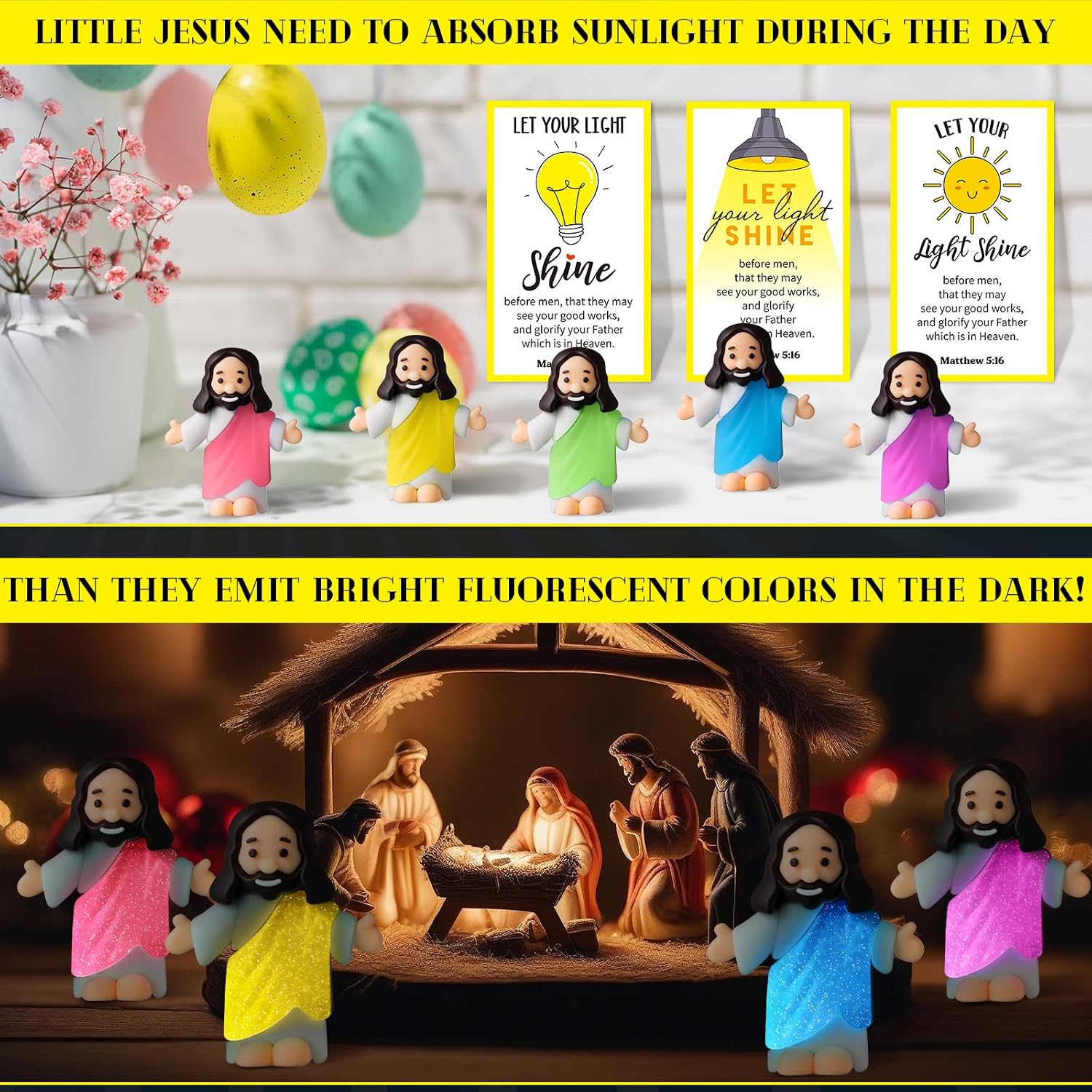 CroBlissful 25 Set Mini Jesus Figurines Glow in The Dark Jesus Figures with Let Your Light Shine Cards for Christian Religious Sunday School Christian Church Baptism Gifts image 4