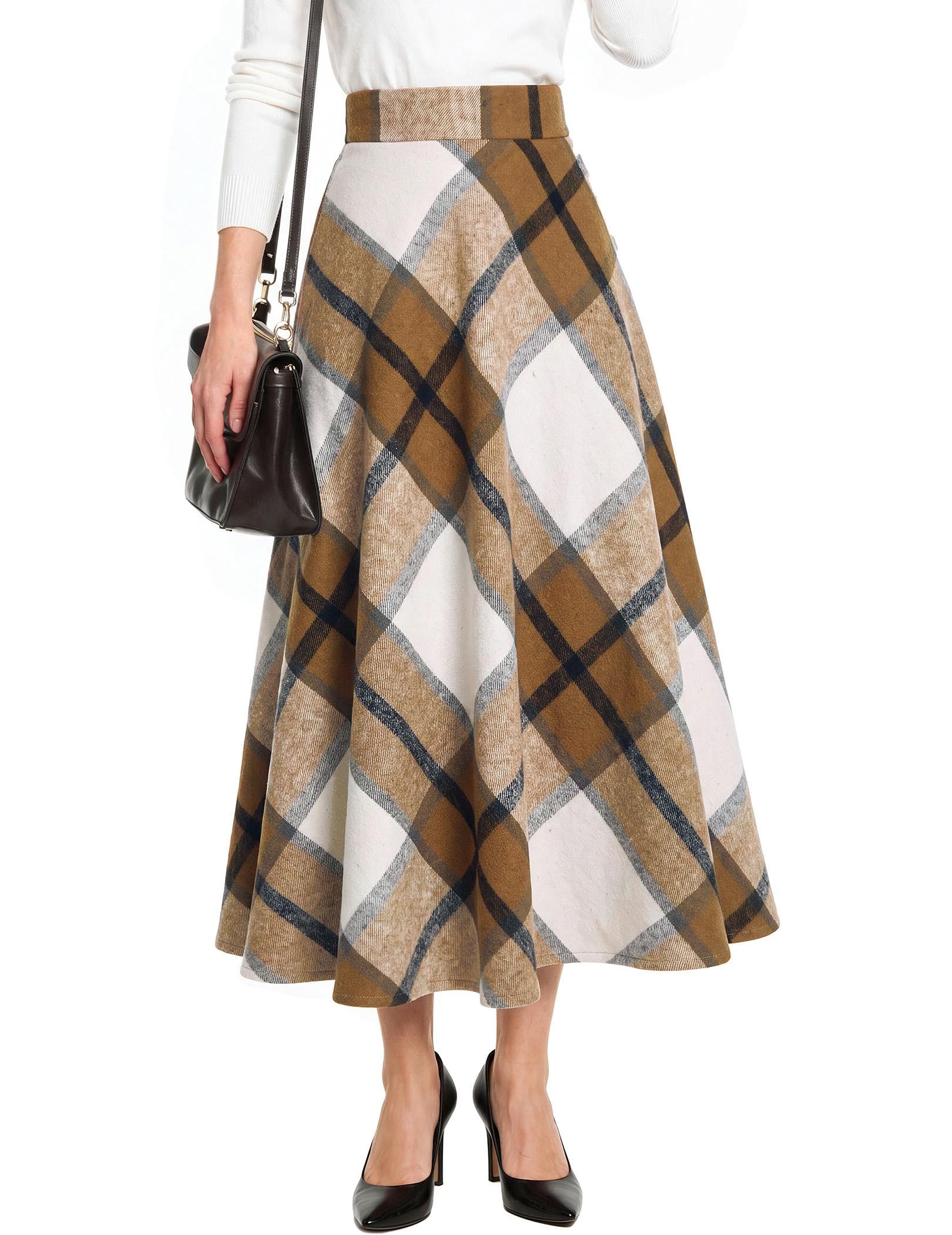 Zeagoo Brown Plaid Dress for Women Fall Winter Skirts with Pockets Zipper S