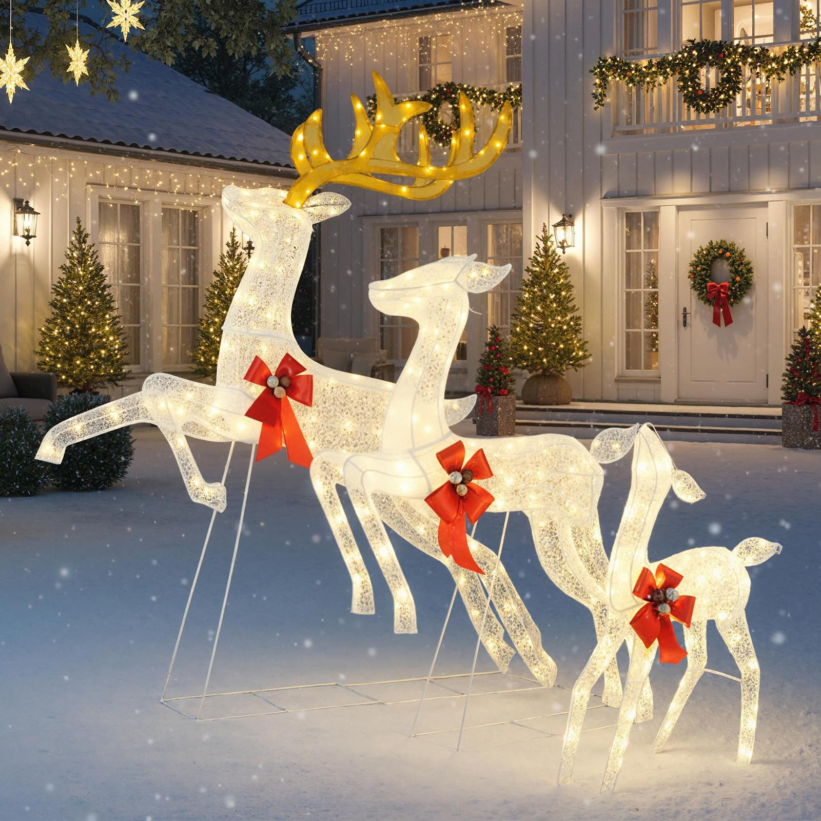 COSTWAY 3 teiliges LED Rentier Familie groß, beleuchtete Weihnachtsdeko XXL, Weihnachtsfigur mit 330 warmweißen Lichtern & Schleifen, Weihnachtsbeleuchtung, Weihnachtsdekoration für Außen & Innen