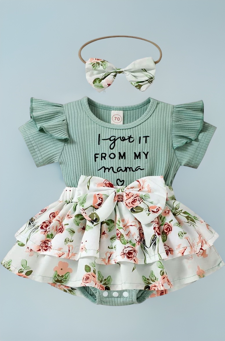 Girls Text Print Bodysuit with Headband In Green Color