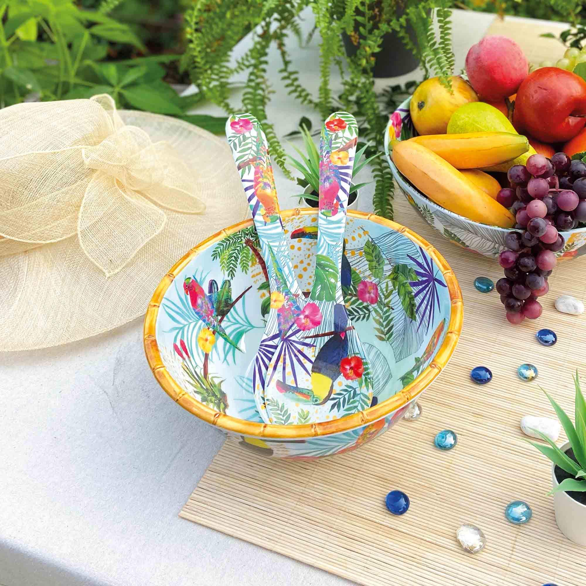 Les Jardins de la Comtesse – Couverts à salade en Mélamine Pure – Toucans de Rio – 33 cm – Multicolore - Service de Table de la Vaisselle Quasi-Incassable MelARTmine