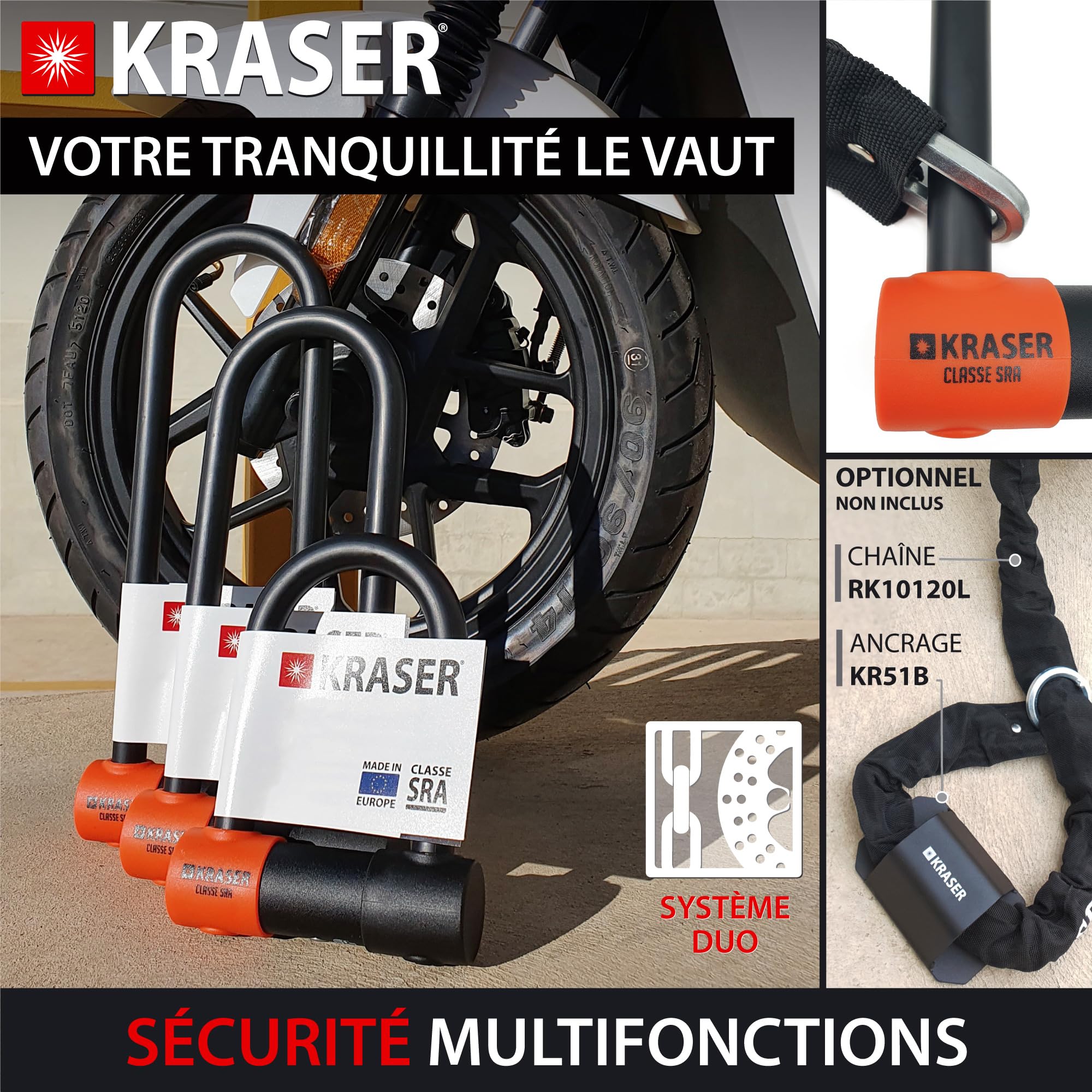KRASER KR85L Antivol Moto Homologué SRA | Promo Model Plus Robust | U ø18mm Acier Cémenté, Double Verrouillage, 3 Clés Haute Sécurité Anti-crochetage, Recommandé Assurances, Antivol Vélo en U 85x300mm