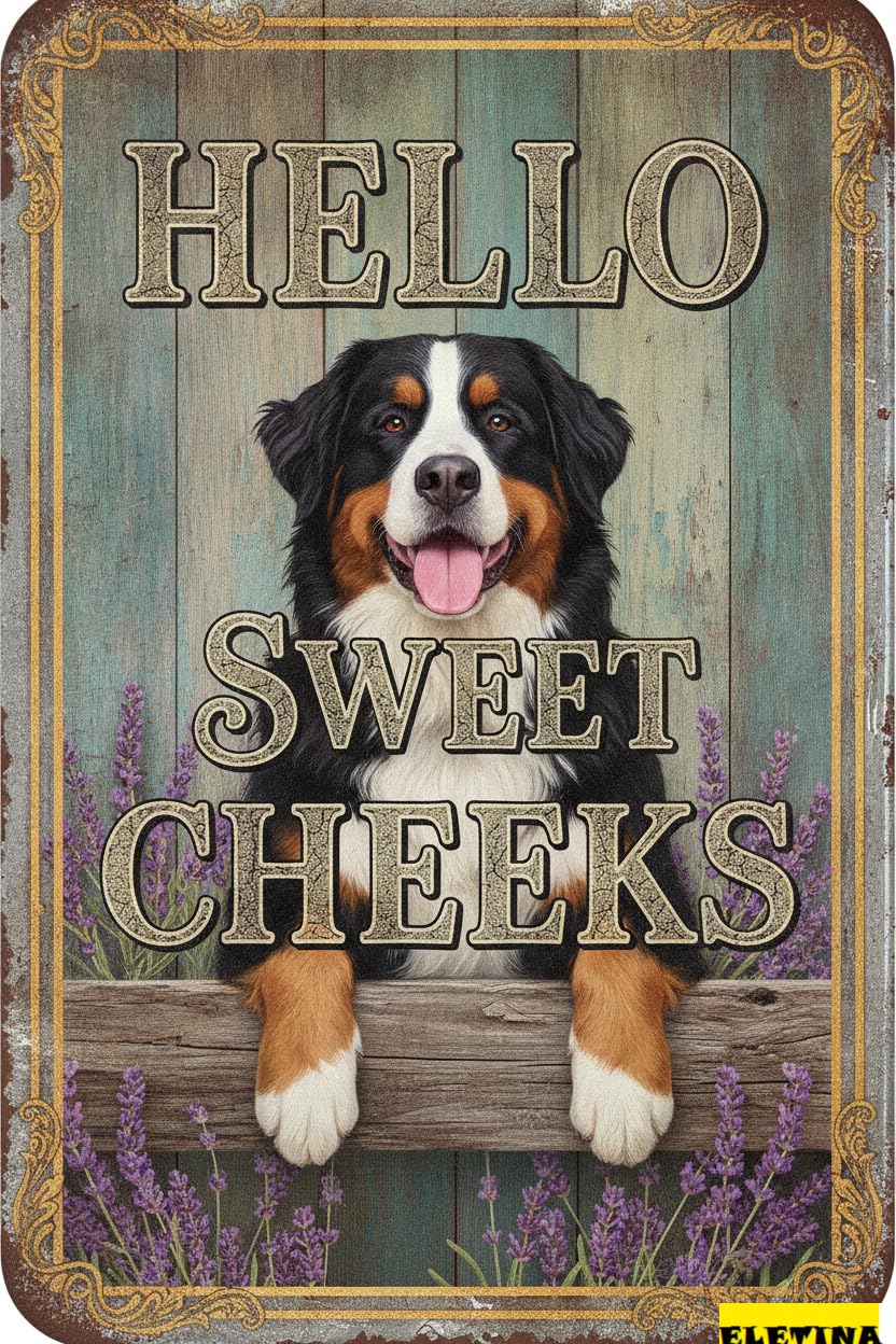 Hello Sweet Cheeks Bernese Mountain Tin Sign, 8x12 Inch