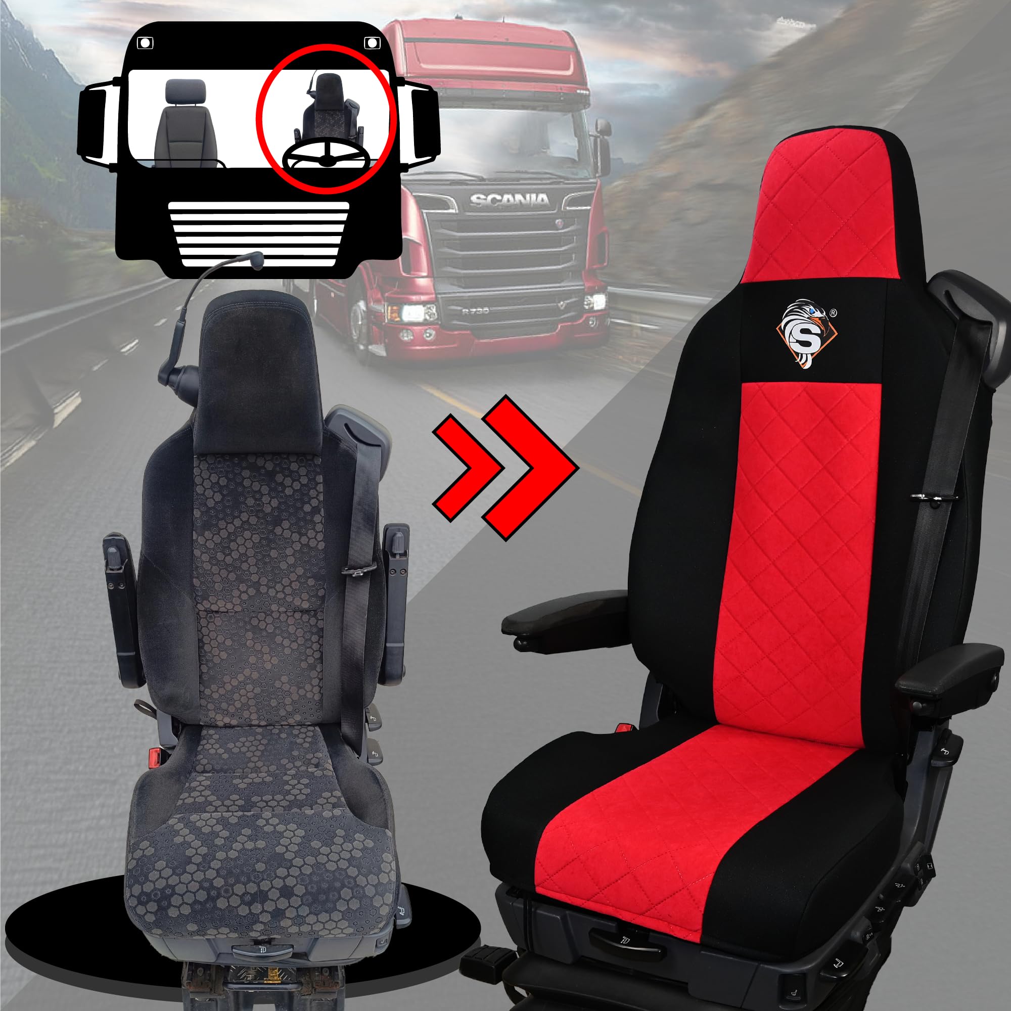 SABA Pokrowce na fotele dla SCANIA seria R od 2013, seria S od 2017, fotele różne 1pas, fotel kierowcy PREMIUM - KONFIGURACJA B - Czerwony Akcesoria do ochraniaczy siedzeń ciężarówek