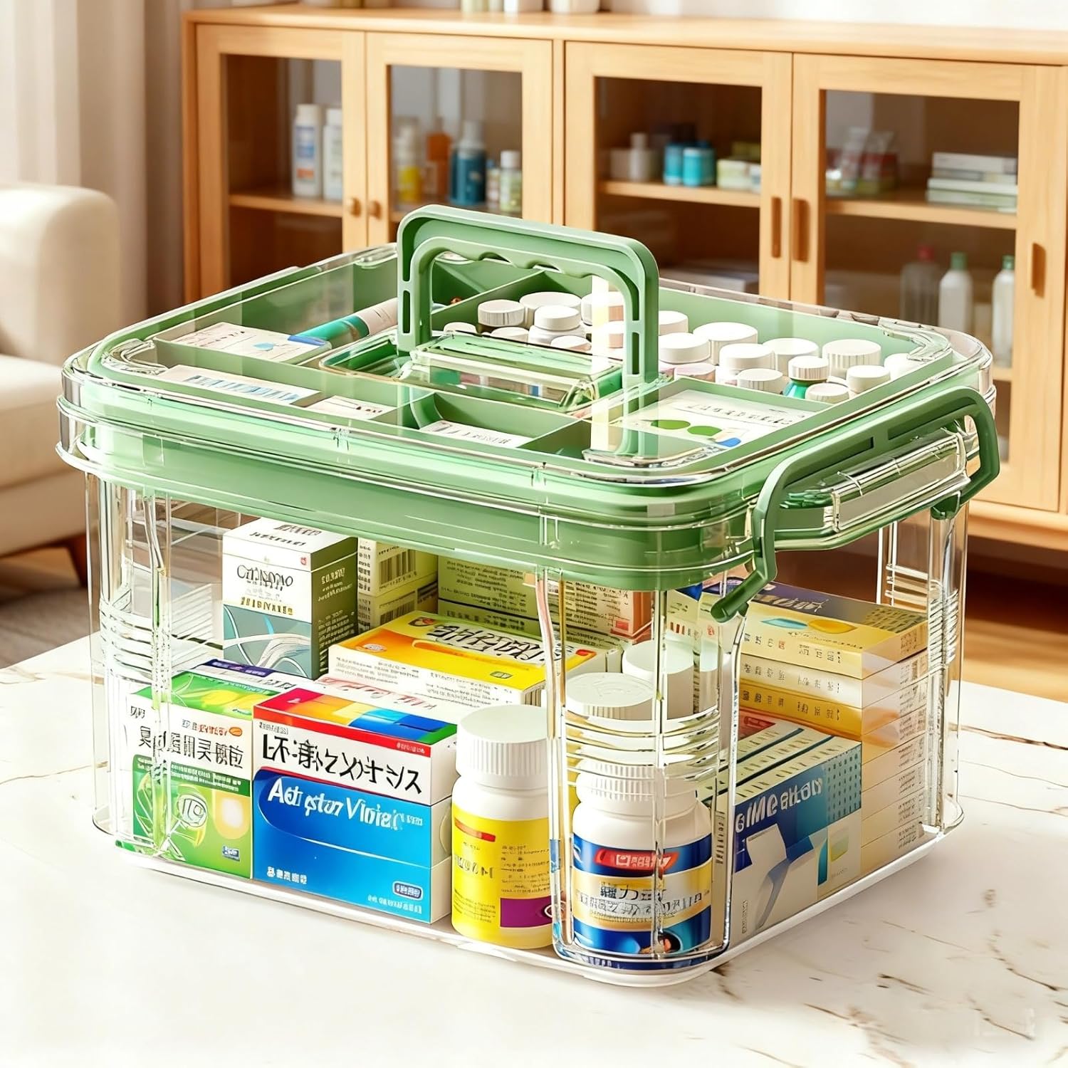 Varku Clear Medicine Storage Box, Large 13.3 x 9.4 x 7.5 in First Aid Organizer Box with Buckle, Handle and 2-Layer Design, Portable Medical Storage for Family Use