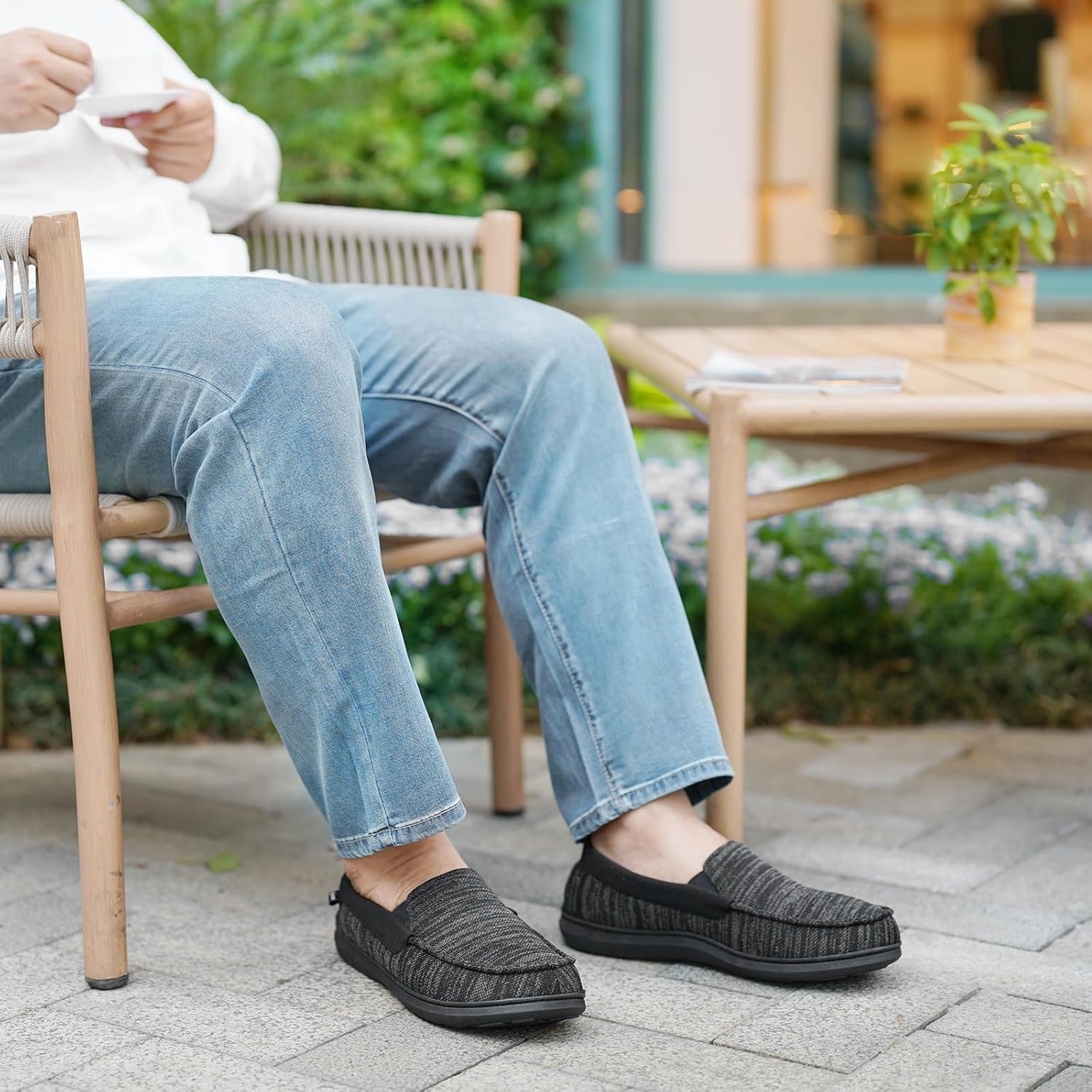 Garonne Men's Moccasin Slippers with Memory Foam for Indoor/Outdoor, Breathable Knit House Shoes with Nonslip Rubber Sole - Image 2