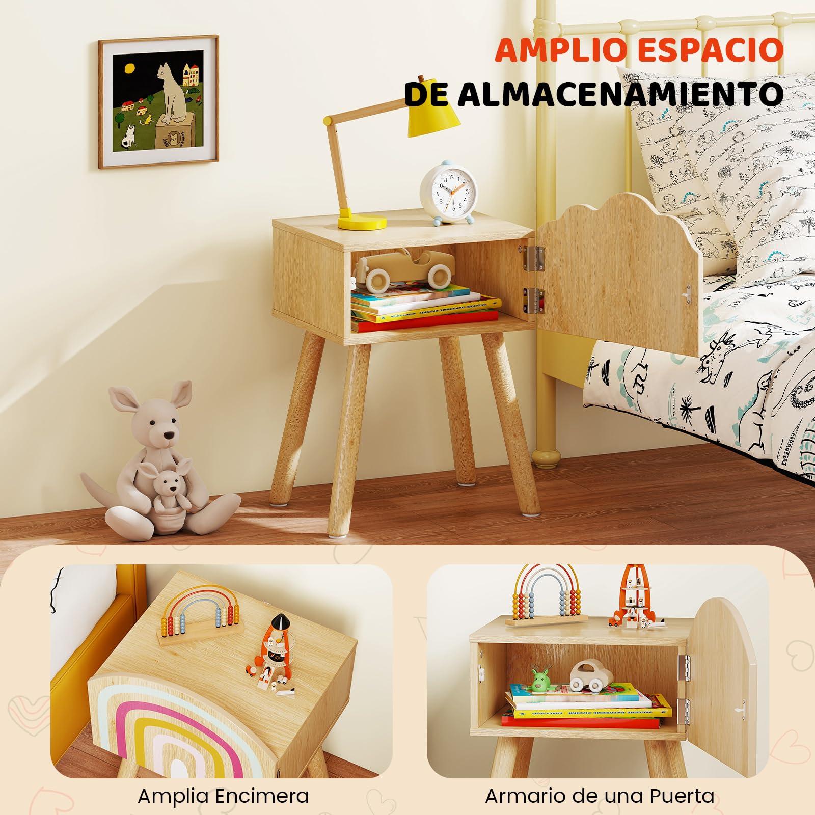 COSTWAY Juego de 2 Mesitas de Noche para Niños, Mesas Auxiliares con Patrones de Arco Iris y Nubes, Patas de Madera Maciza y Dispositivos Antivuelco, Mesillas de Noche Infantiles para Dormitorio