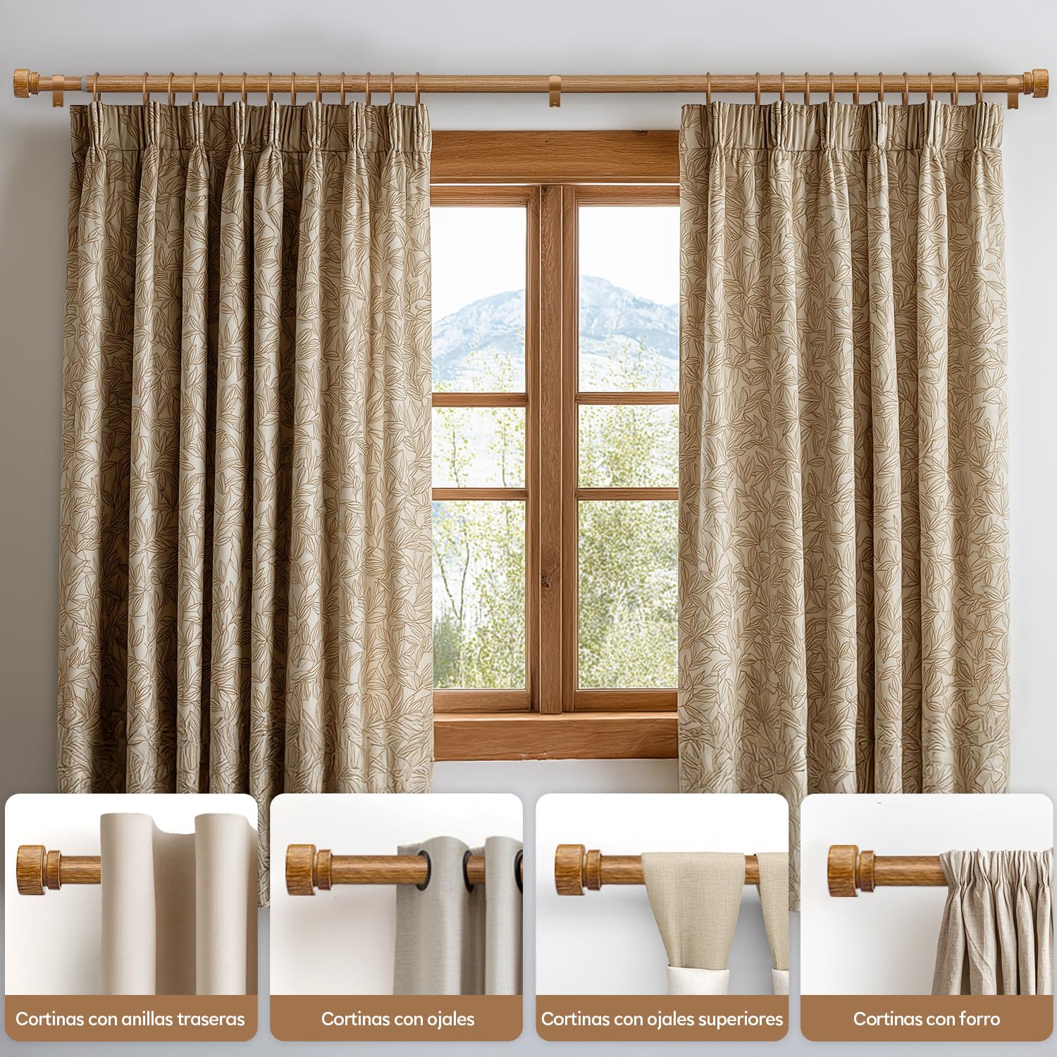 Barra Cortinas Extensible Con Acabado De Madera,Longitud Total 80-218 Cm, InstalacióN Mural,DiáMetro 25 Mm,Varilla MetáLica Gruesa,Apta Para Dormitorio, SalóN Y Cocina
