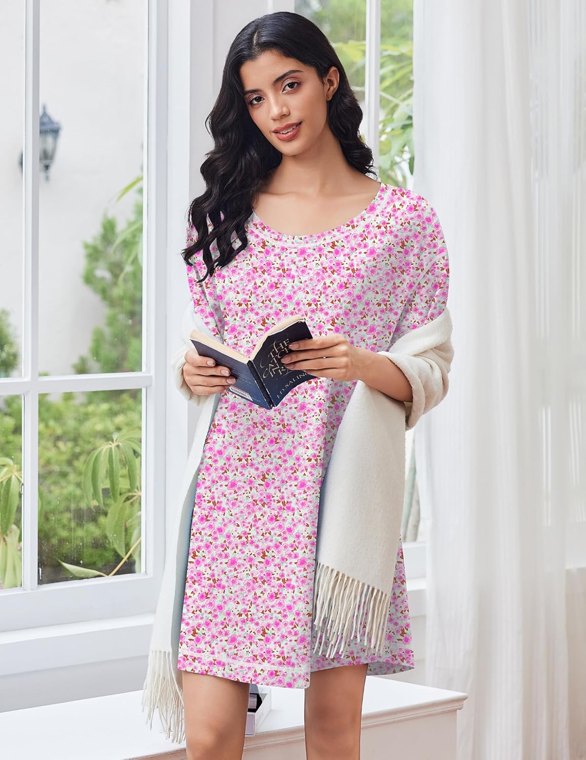 Ekouaer Cotton Nightgowns for Women Oversized Sleepshirt Tshirt Night Gown Short Sleeve Night Shirt Casual Soft Sleepwear Pink Floral Medium - Image 4