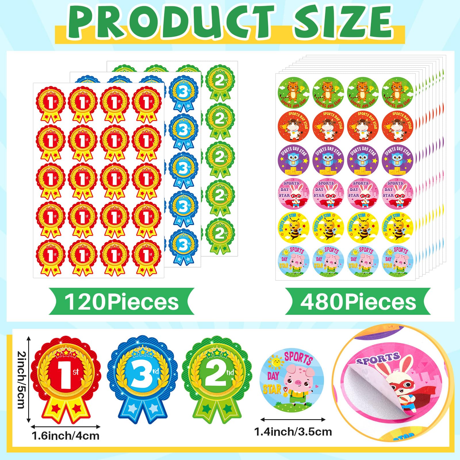 Tenare 300 Sports Day Stickers for Kids 240 Star Animal & 60 1st 2nd 3rd Participation Rosette Award Stickers for School PE for Events Competitions and Classroom Rewards(Animal Style) - Image 2