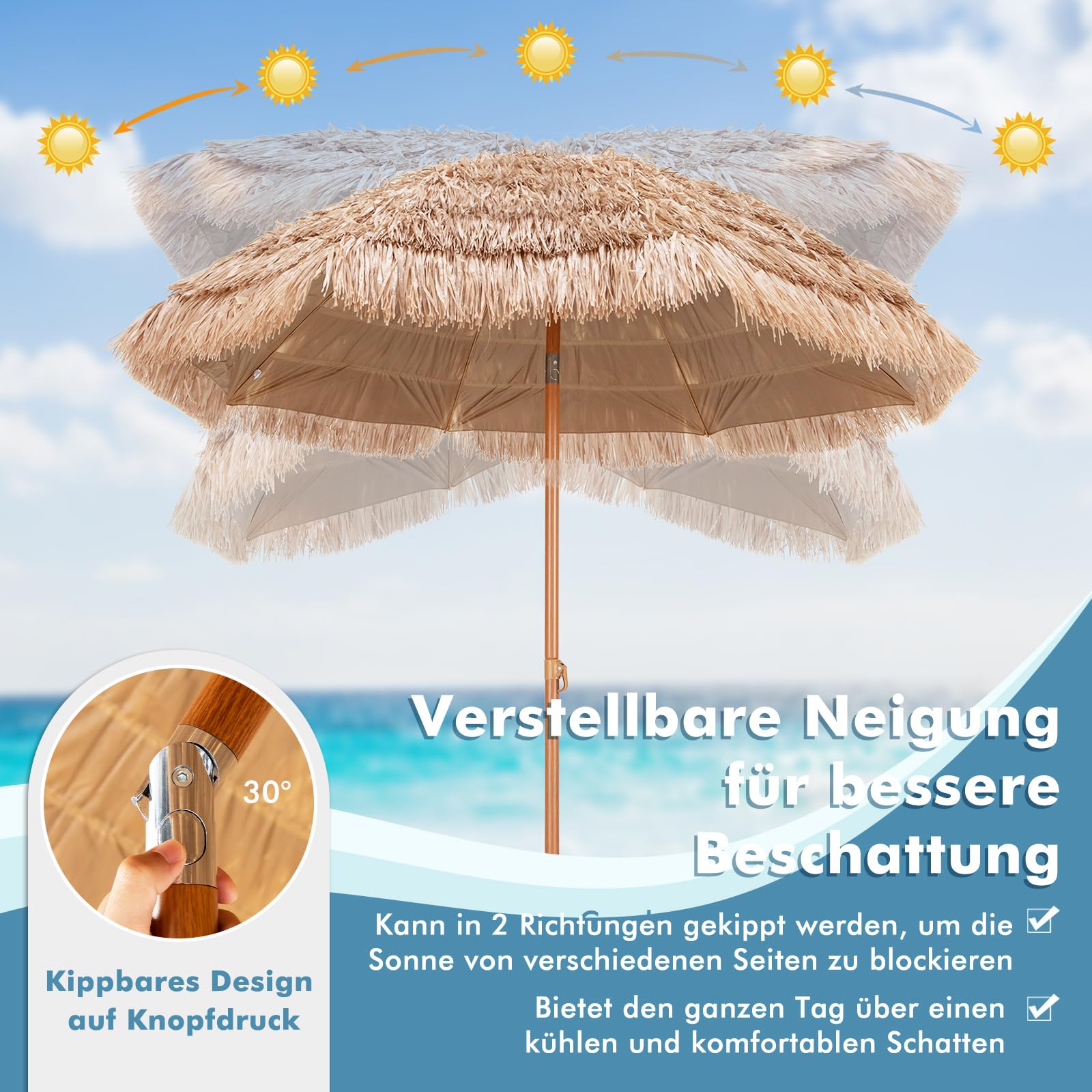 COSTWAY Hawajski parasol przeciwsłoneczny, 208 cm, słomkowy, UPF 50+, możliwość zginania w zakresie 30°, parasol ogrodowy, parasol na taras, na plażę, do ogrodu, na balkon