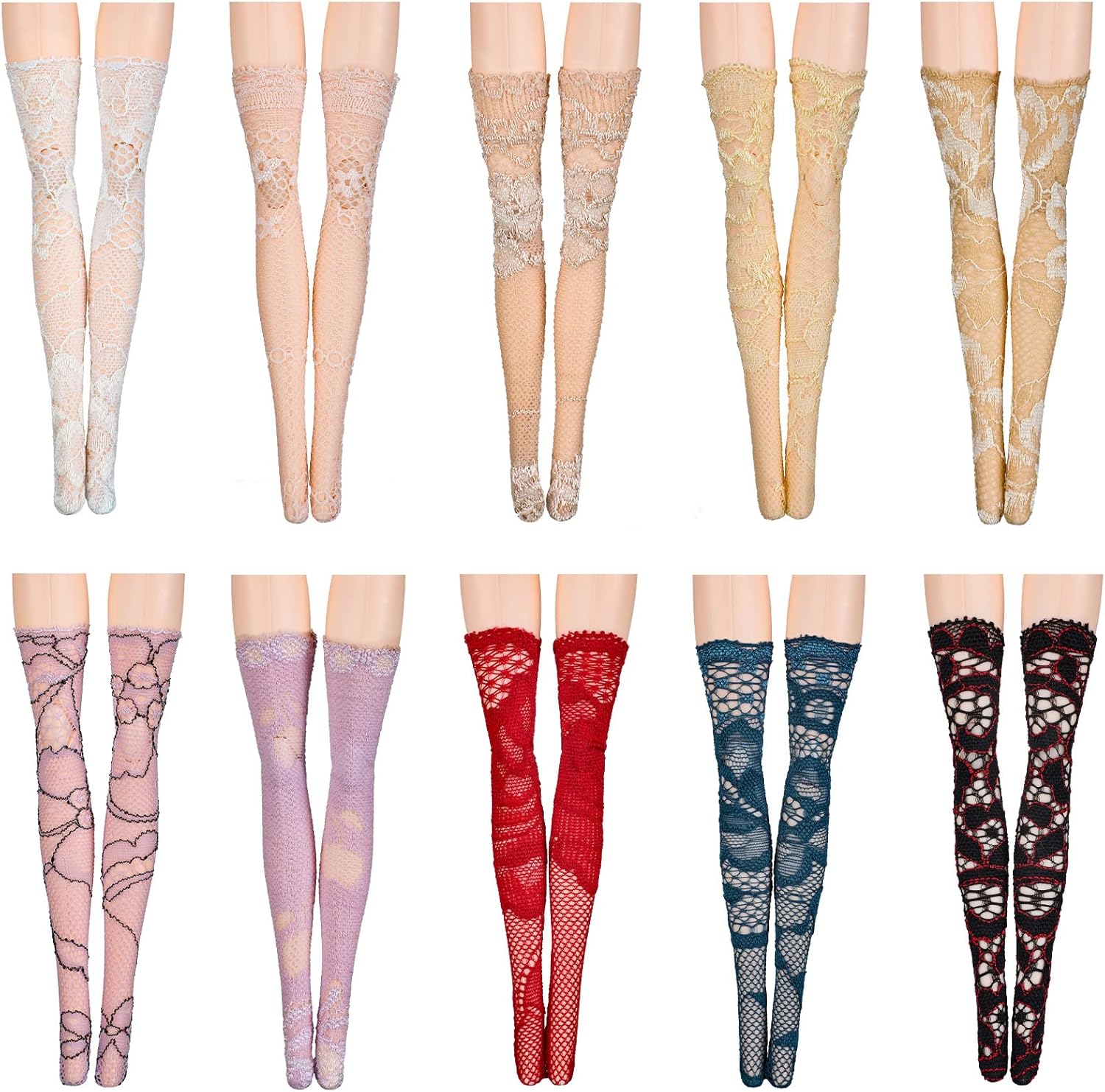 Sotiff 10 Pairs Doll Lace Stockings Handmade Long Sock Christmas Doll Accessories Legging for DIY Clothes Toy(Classic Style)