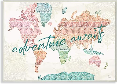 Stupell Industries Adventure Awaits Phrase Macramé, mapa del mundo, diseño de Dina June - Placa de pared, 13 x 19 pulgadas, color beige