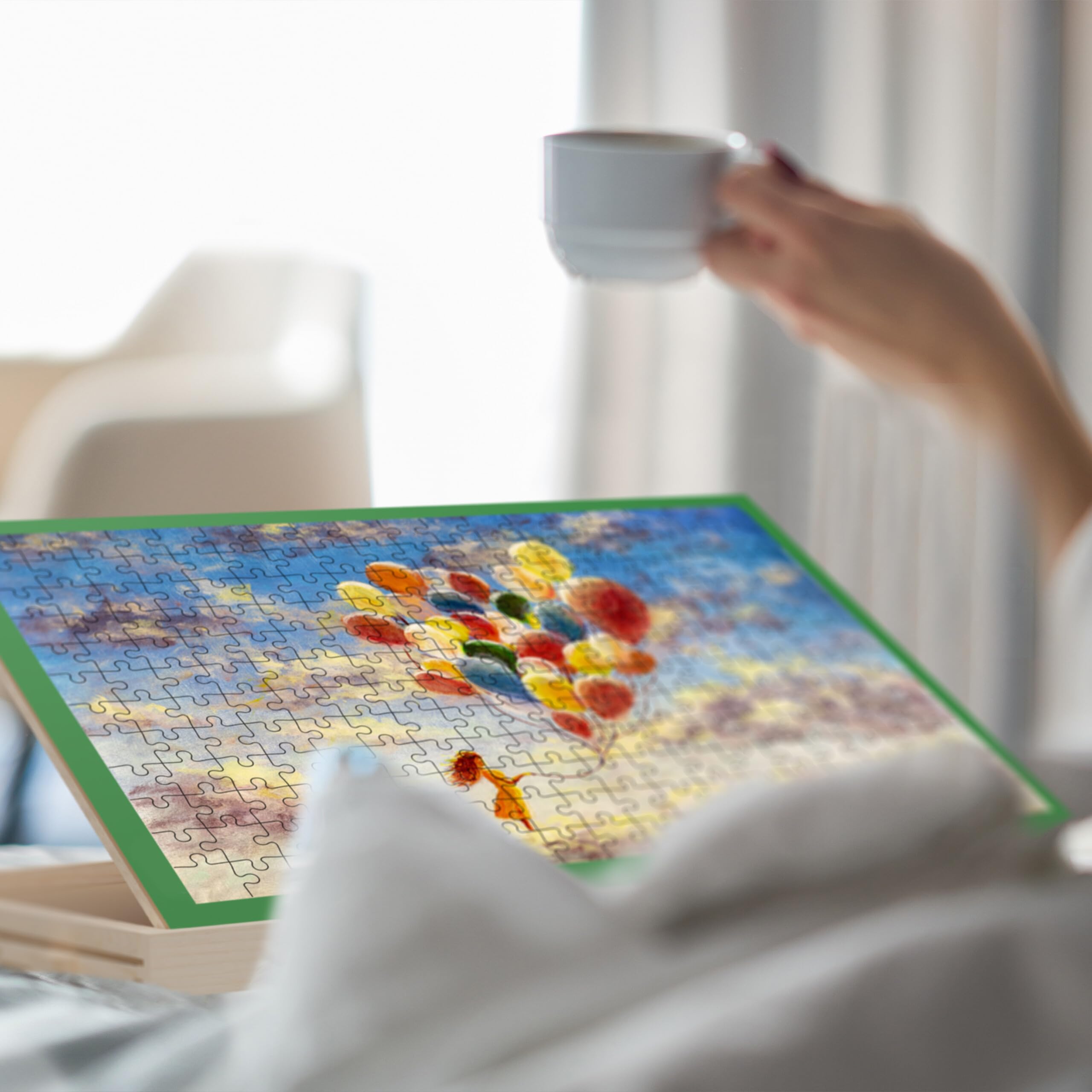 Relaxdays 1000 Pz Porta Puzzle, Vassoio Inclinabile e Pannello, Supporto Tavolo da Gioco, Legno Naturale, Verde
