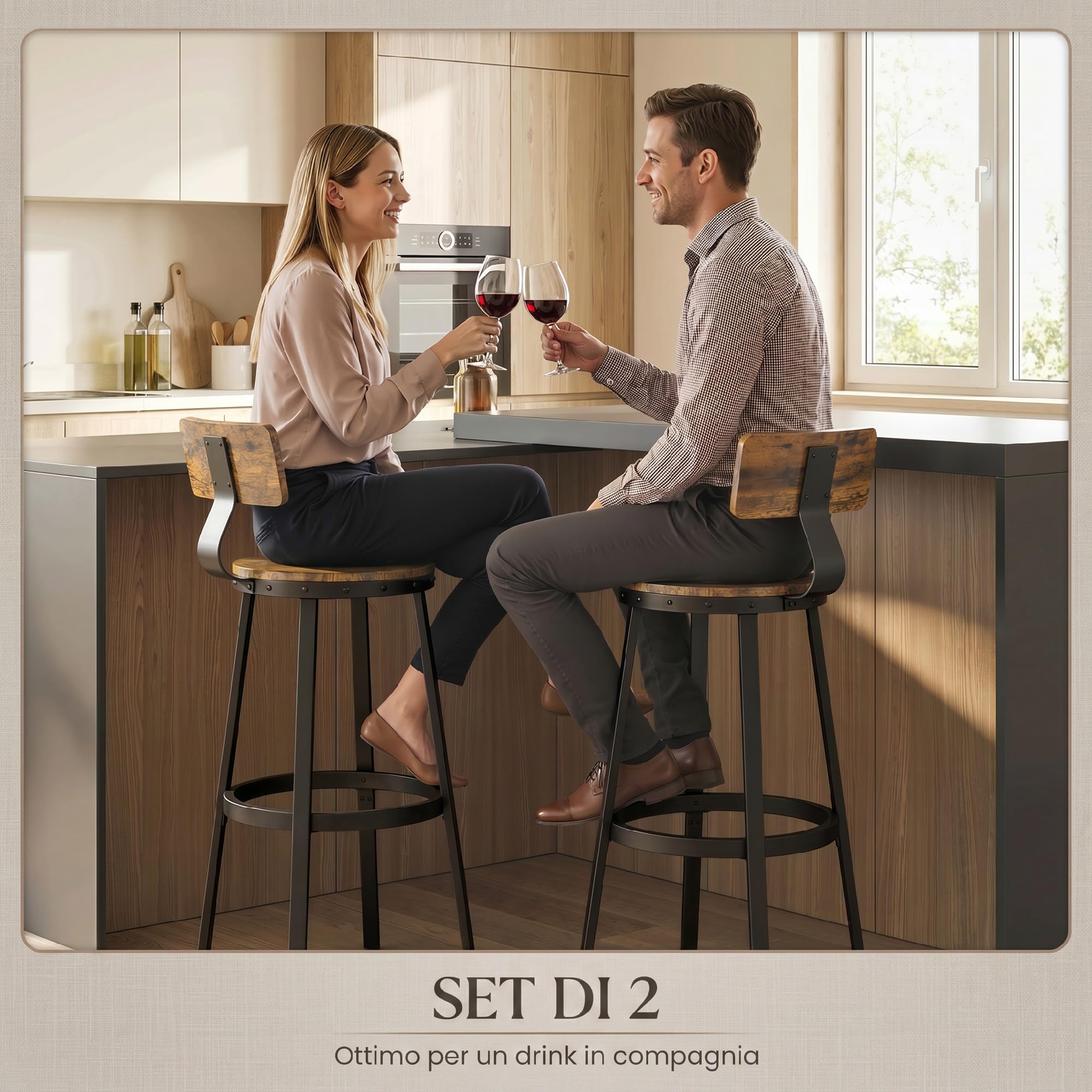 HOMCOM Set 2 Sgabelli Bar Cucina, Schienale, 73.8cm, Marrone Rustico | Industriali, Poggiapiedi, Struttura in Metallo, Sedie Alte, per Penisola, Sala da Pranzo, Bancone